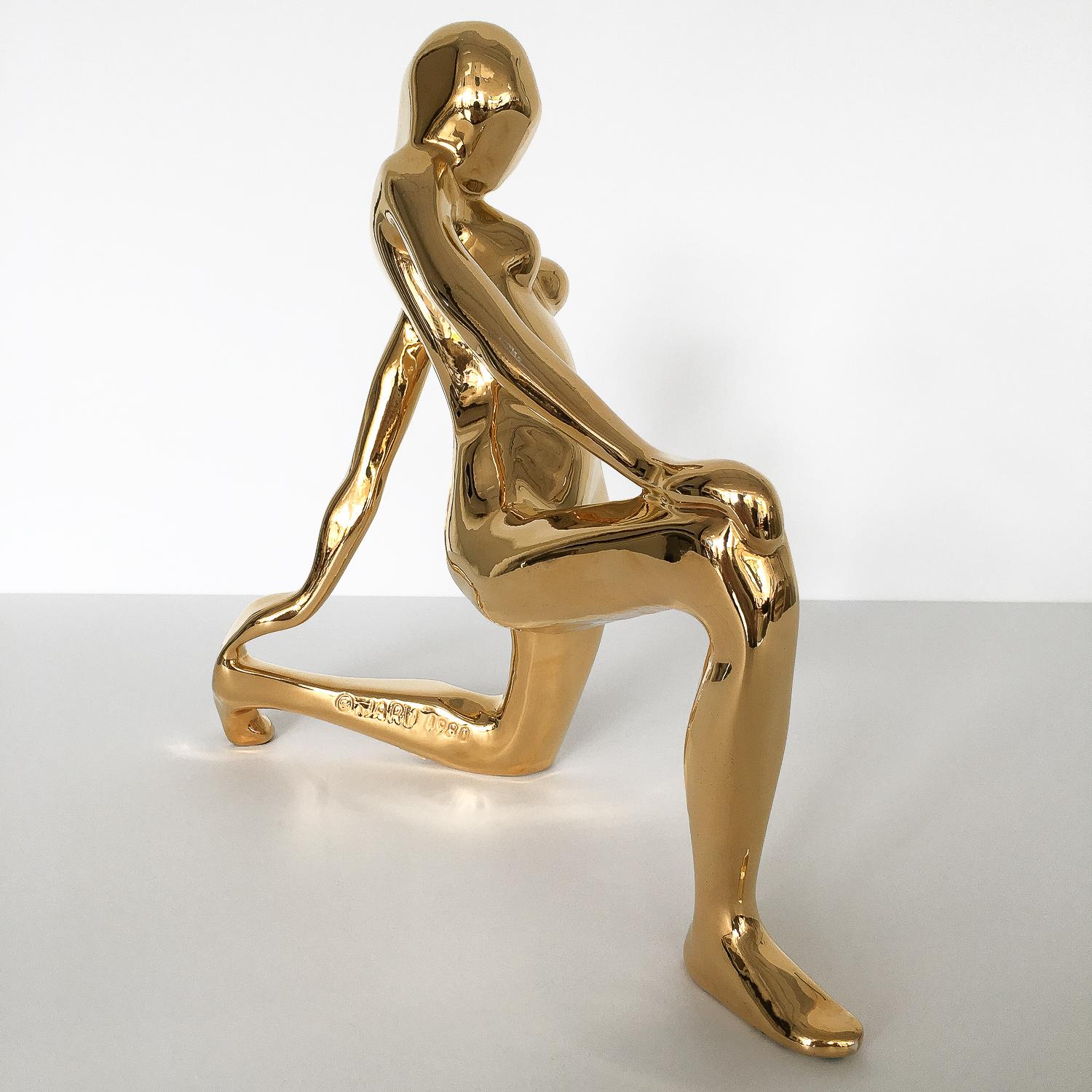 Glazed Jaru Gold Plated Ceramic Kneeling Abstract Female Sculpture