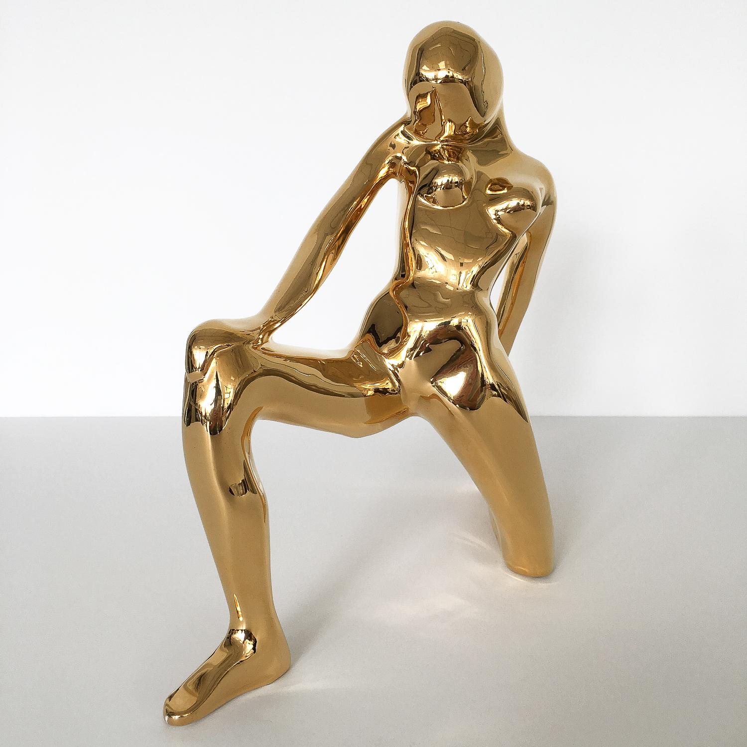 Jaru Gold Plated Ceramic Kneeling Abstract Female Sculpture In Excellent Condition In Chicago, IL