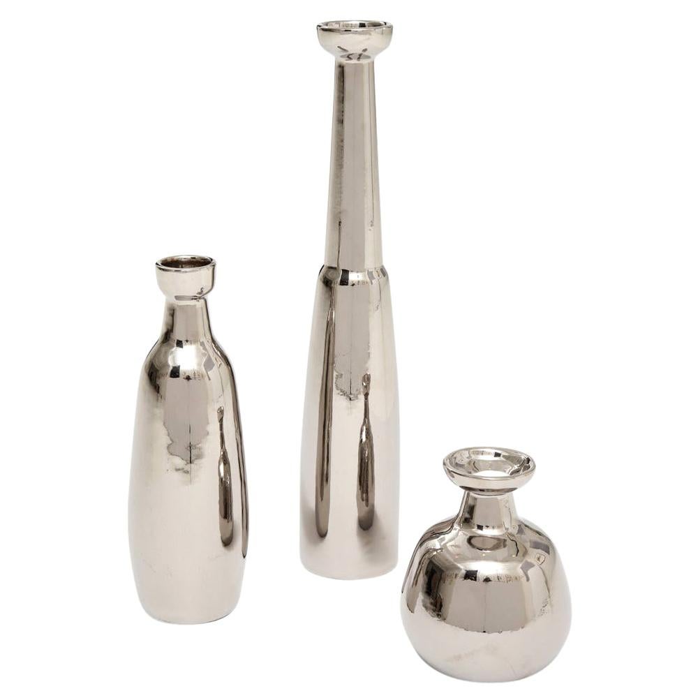 Jaru Vases, Ceramic, Metallic Silver Chrome, Signed For Sale