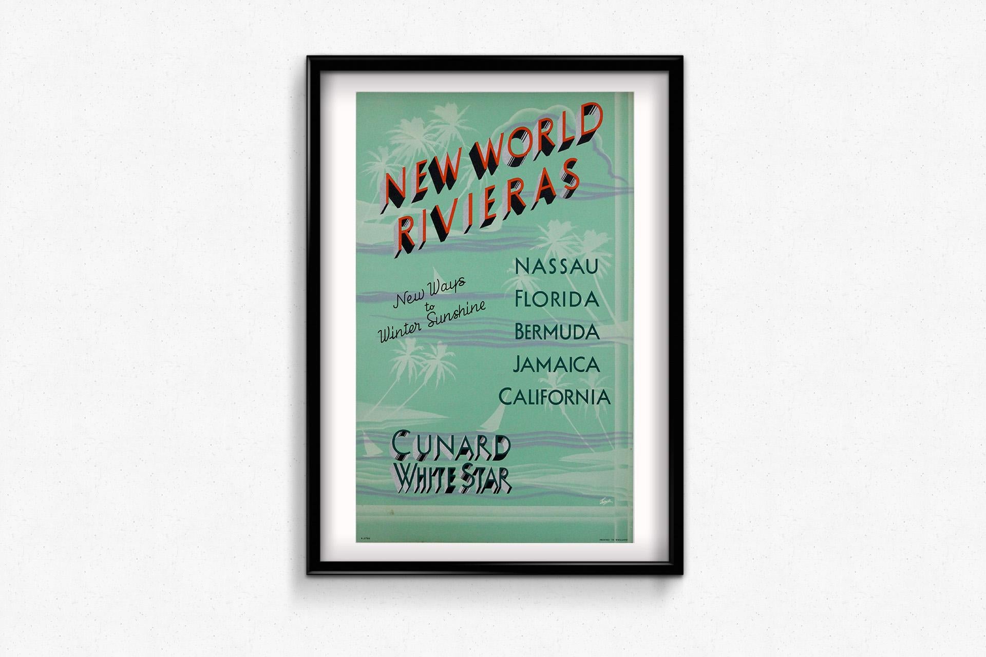 Este elegante cartel de viajes de principios de los años 30 fue creado para la Cunard White Star Line, promocionando sus cruceros a las llamadas Rivieras del Nuevo Mundo, una colección de destinos cálidos y soleados de América. Entre ellas estaban