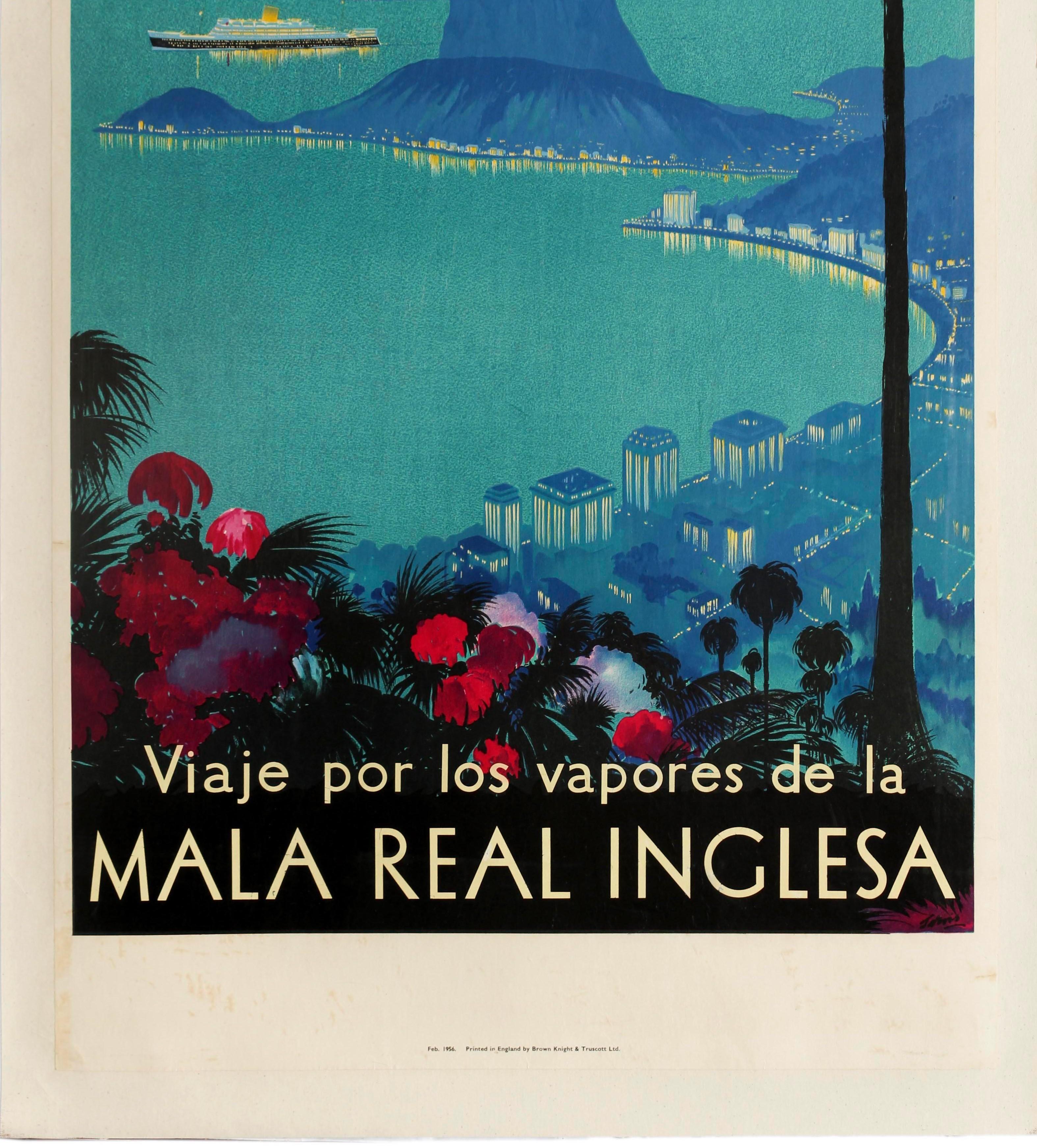 Poster pubblicitario d'epoca della Royal Mail per crociere - Vea el canto de Sur America See the Song of South America - con una splendida immagine scenica in tonalità di blu che raffigura una vista sullo skyline della città di Rio de Janeiro lungo