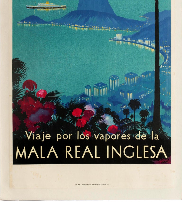 Original vintage Royal Mail cruise travel advertising poster - Vea el canto de Sur America See the Song of South America - featuring a stunning scenic image in shades of blue depicting a view over the Rio de Janeiro city skyline along coast in