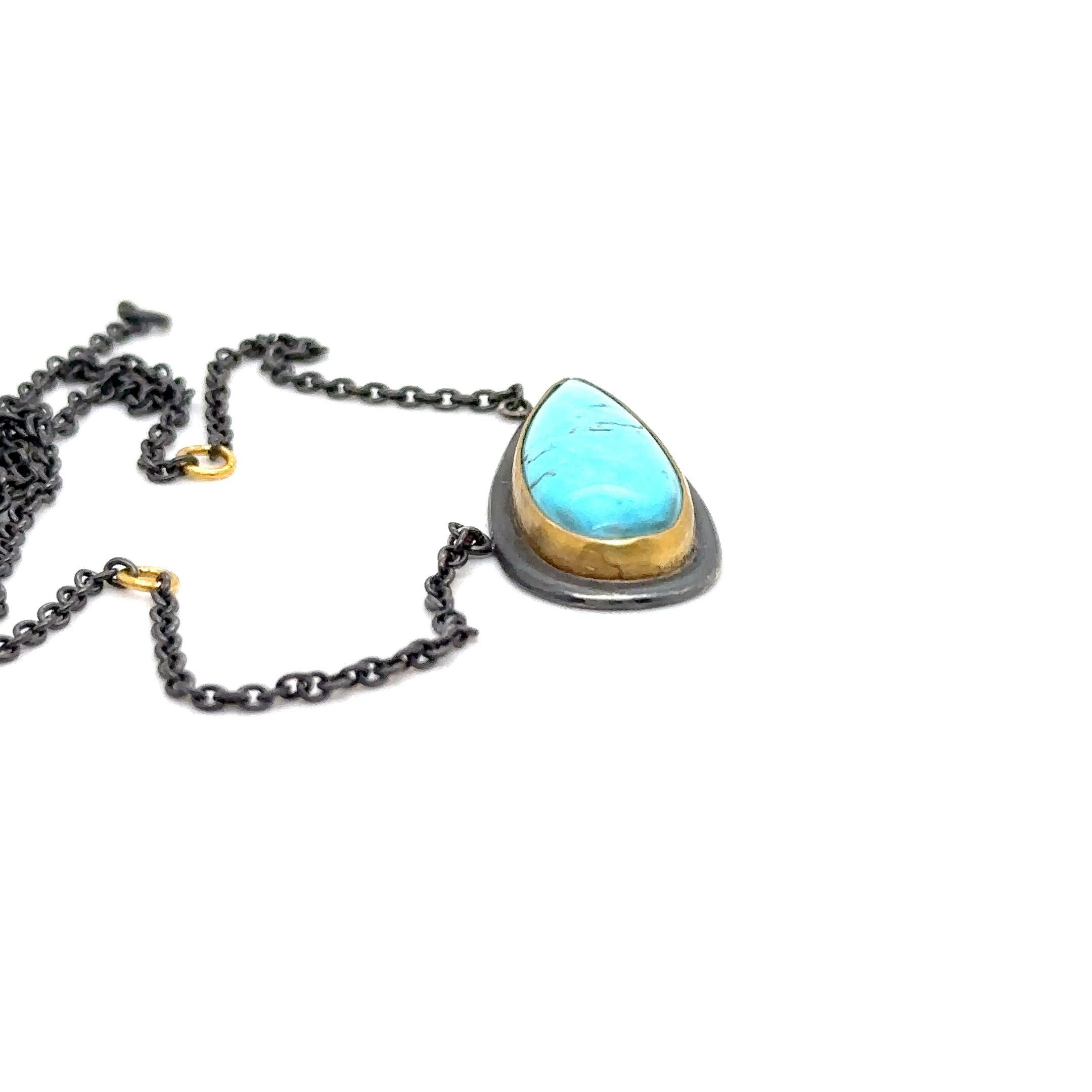 Modern JAS-17-1525 - 24K/SS HANDMADE NECKLACE w 30X10MM NATURAL KINGMAN TURQUOISE  For Sale
