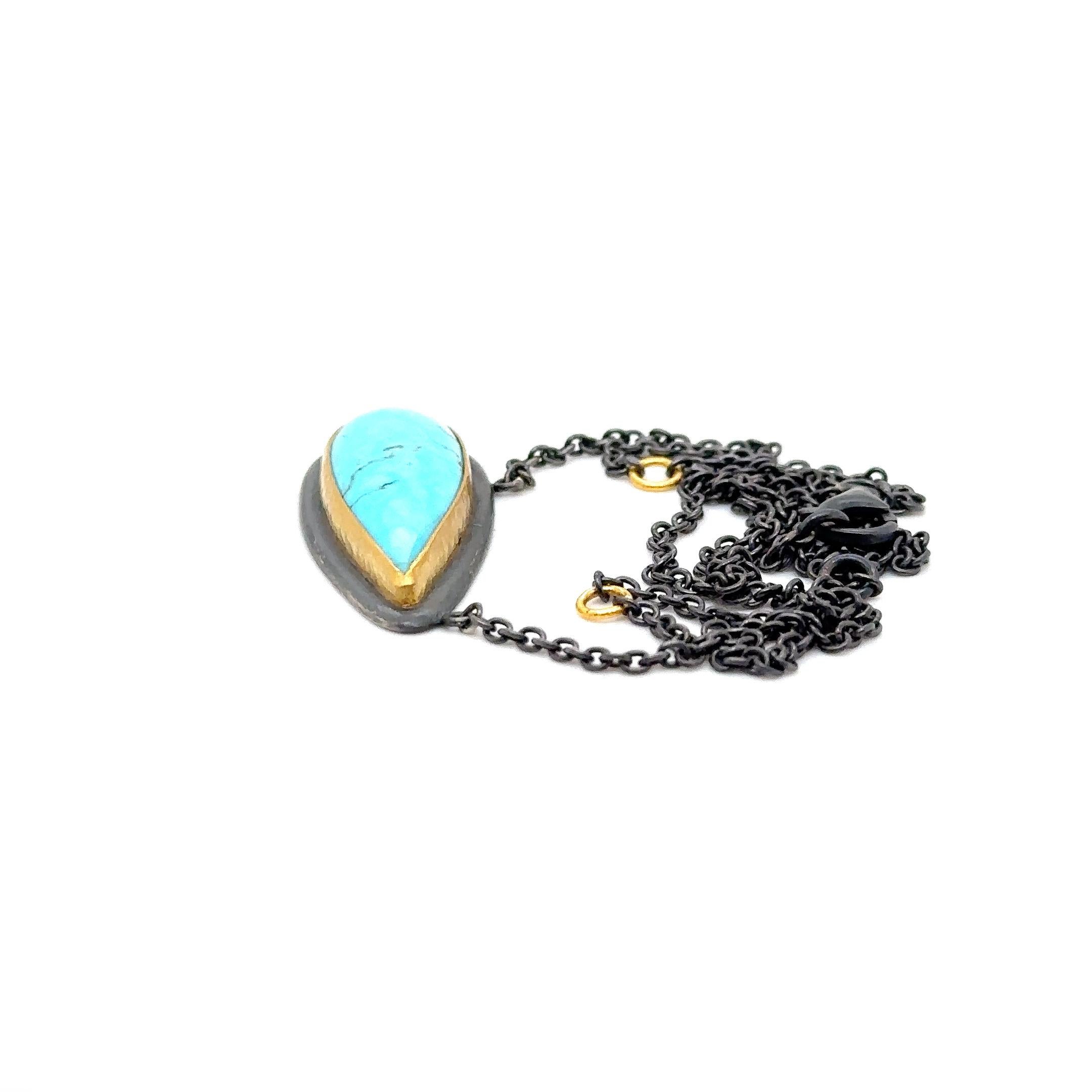 Pear Cut JAS-17-1525 - 24K/SS HANDMADE NECKLACE w 30X10MM NATURAL KINGMAN TURQUOISE  For Sale