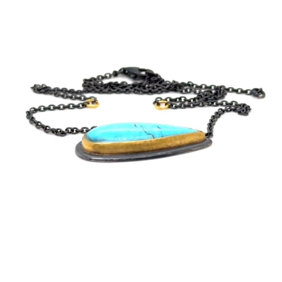 JAS-17-1525 - 24K/SS HANDMADE NECKLACE w 30X10MM NATURAL KINGMAN TURQUOISE  For Sale 2