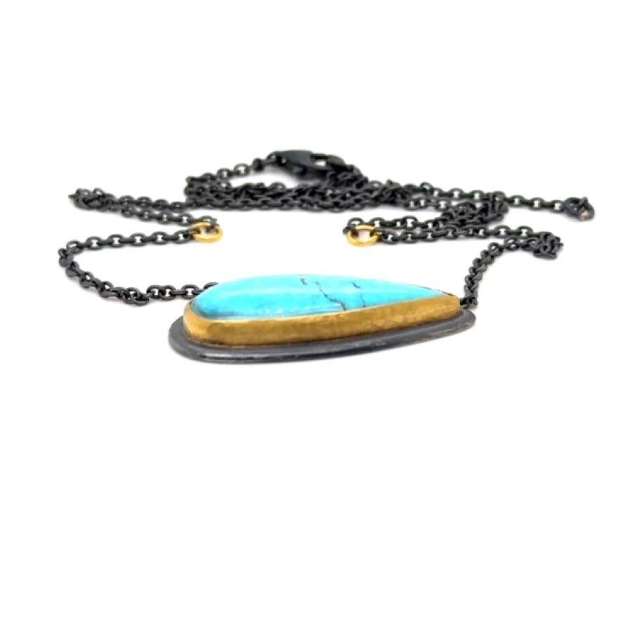 JAS-17-1525 - COLLANA FATTA A MANO IN 24K/SS con TURCHESE KINGMAN NATURALE 30X10MM in vendita 2