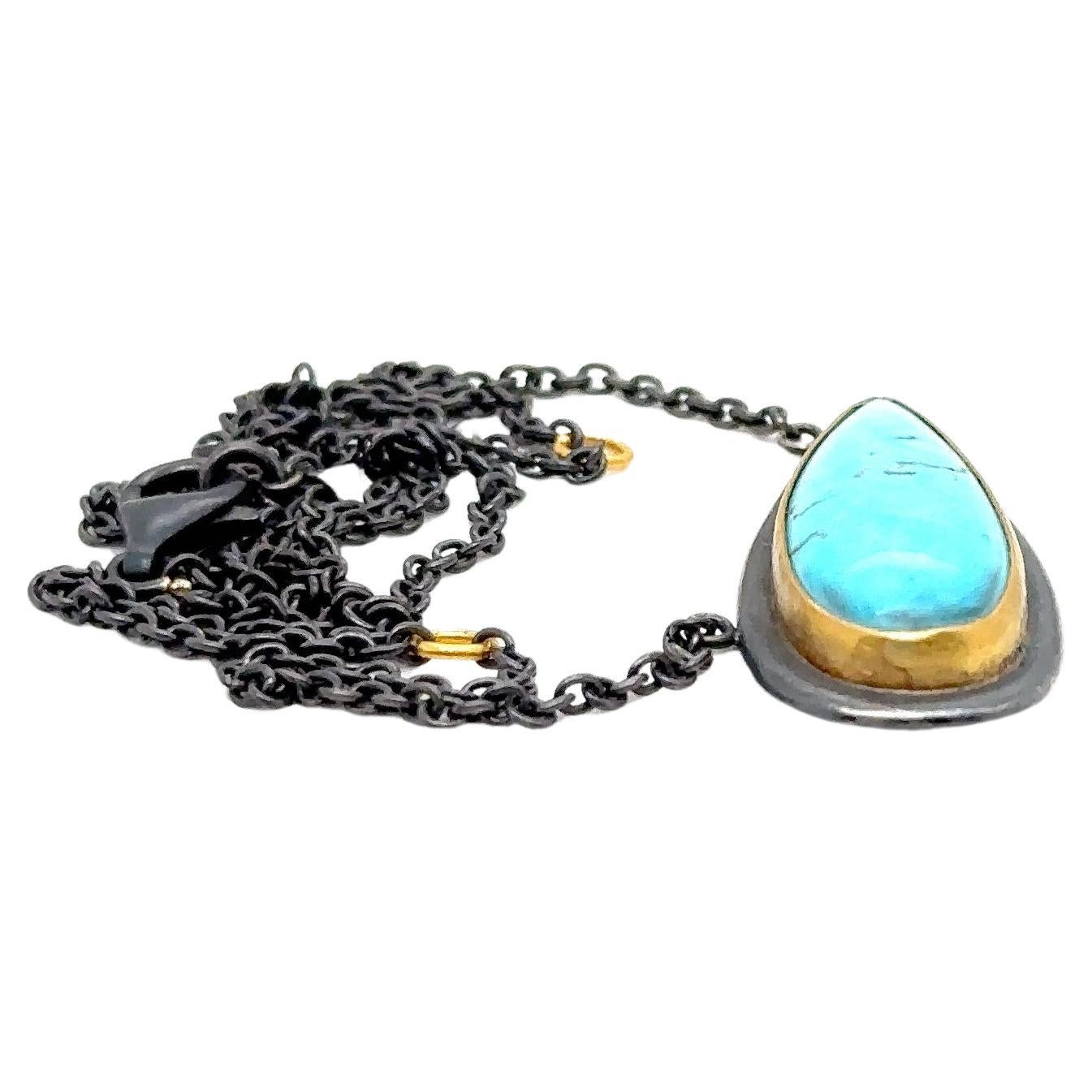 JAS-17-1525 - 24K/SS HANDMADE NECKLACE w 30X10MM NATURAL KINGMAN TURQUOISE  For Sale