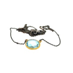 JAS-17-1530-24K/SS HANDMADE 12MM BRIOLETTE SKY BLUE TOPAZ PENDANT w 16.5"SS CHN