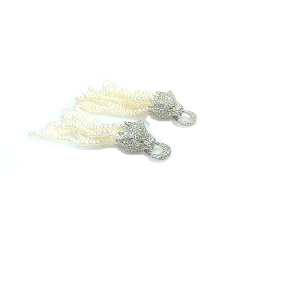 Modern JAS-18-1670 - PENTHER HEAD TASSLE EARRINGS with WHITE TOPAZ & CHROME DIOPSIDE For Sale