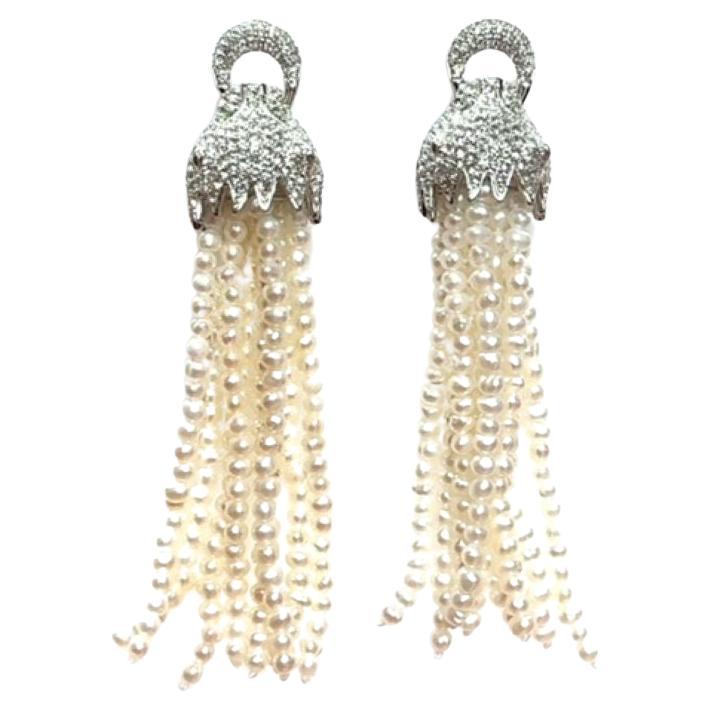 JAS-18-1670 - PENTHER HEAD TASSLE EARRINGS with WHITE TOPAZ & CHROME DIOPSIDE For Sale