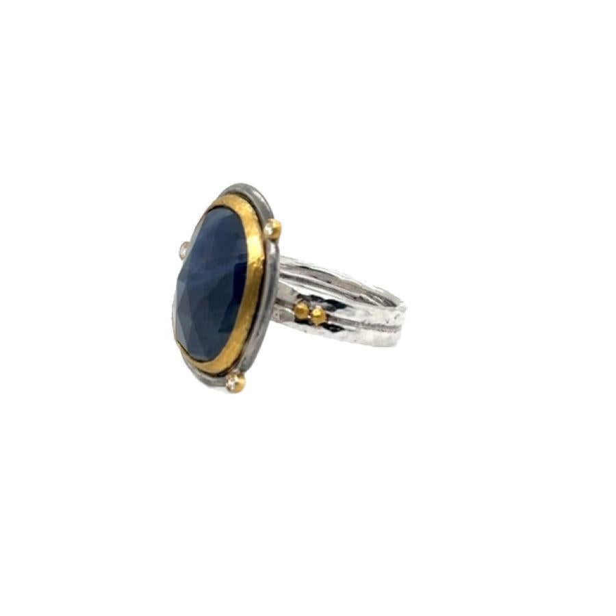 JAS-19-1803-24K/SS HANDMADE NATURAL CHECKERBOARD SLICE BLUE SAPPHIRE RING w DIA For Sale 6