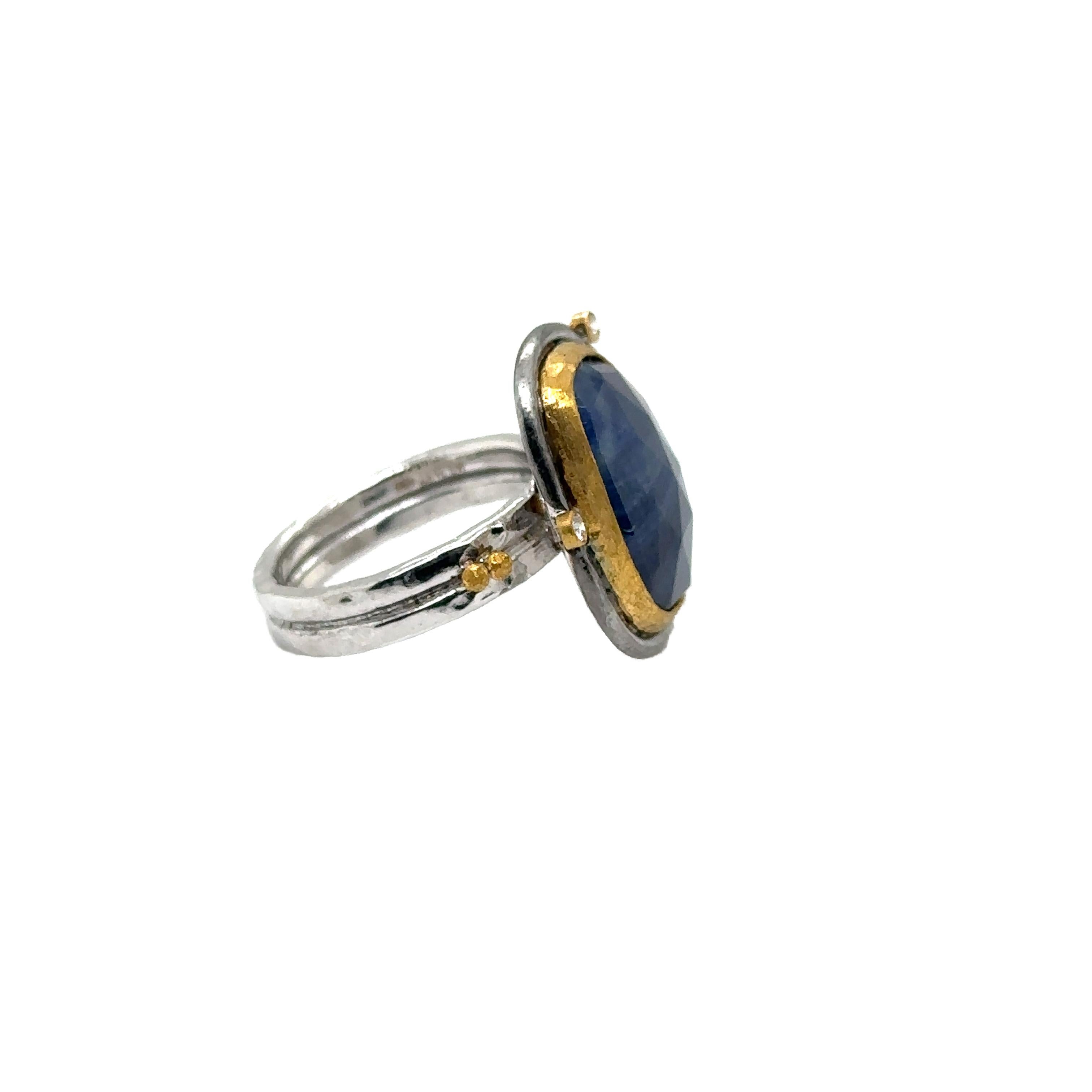 Modern JAS-19-1803-24K/SS HANDMADE NATURAL CHECKERBOARD SLICE BLUE SAPPHIRE RING w DIA For Sale