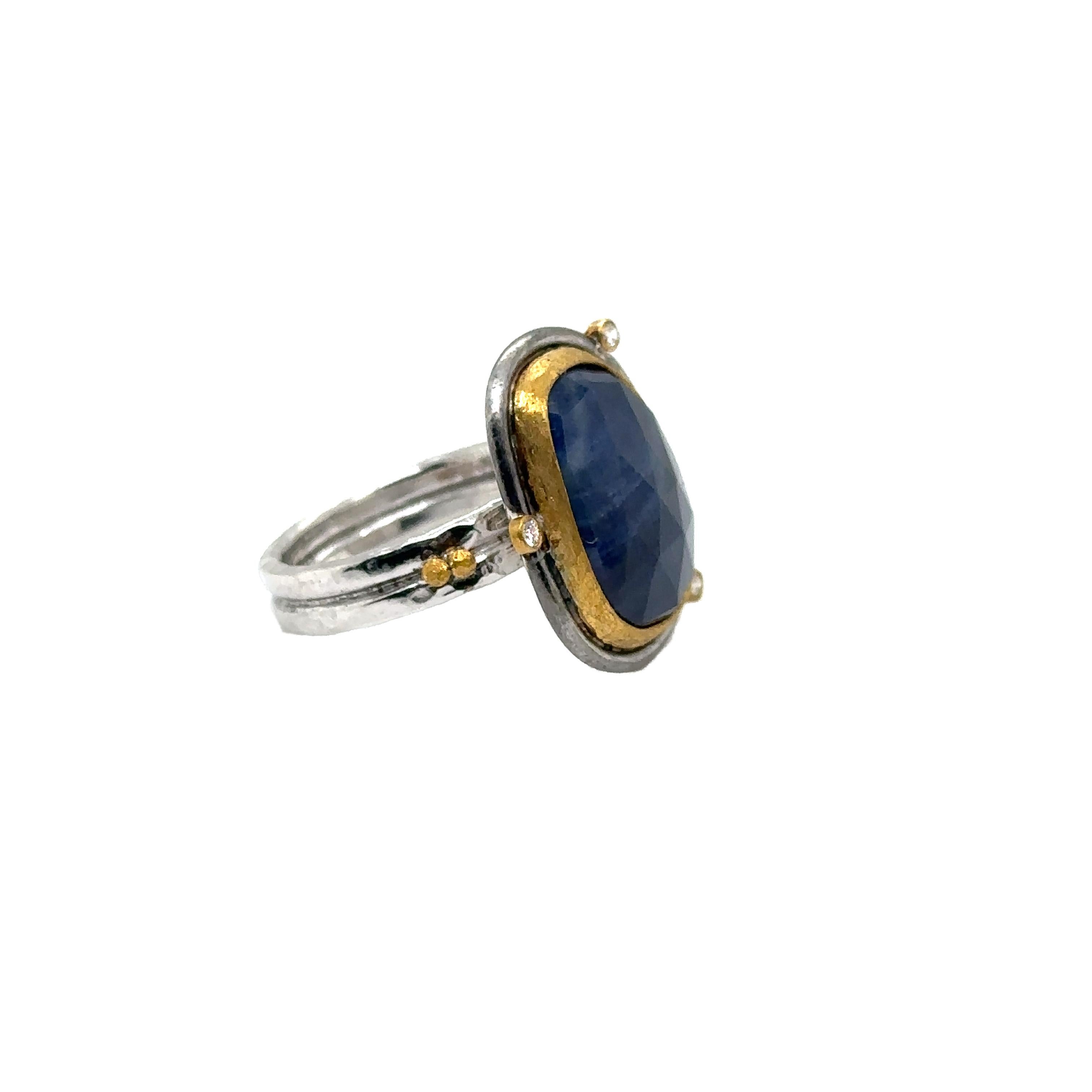 Mixed Cut JAS-19-1803-24K/SS HANDMADE NATURAL CHECKERBOARD SLICE BLUE SAPPHIRE RING w DIA For Sale