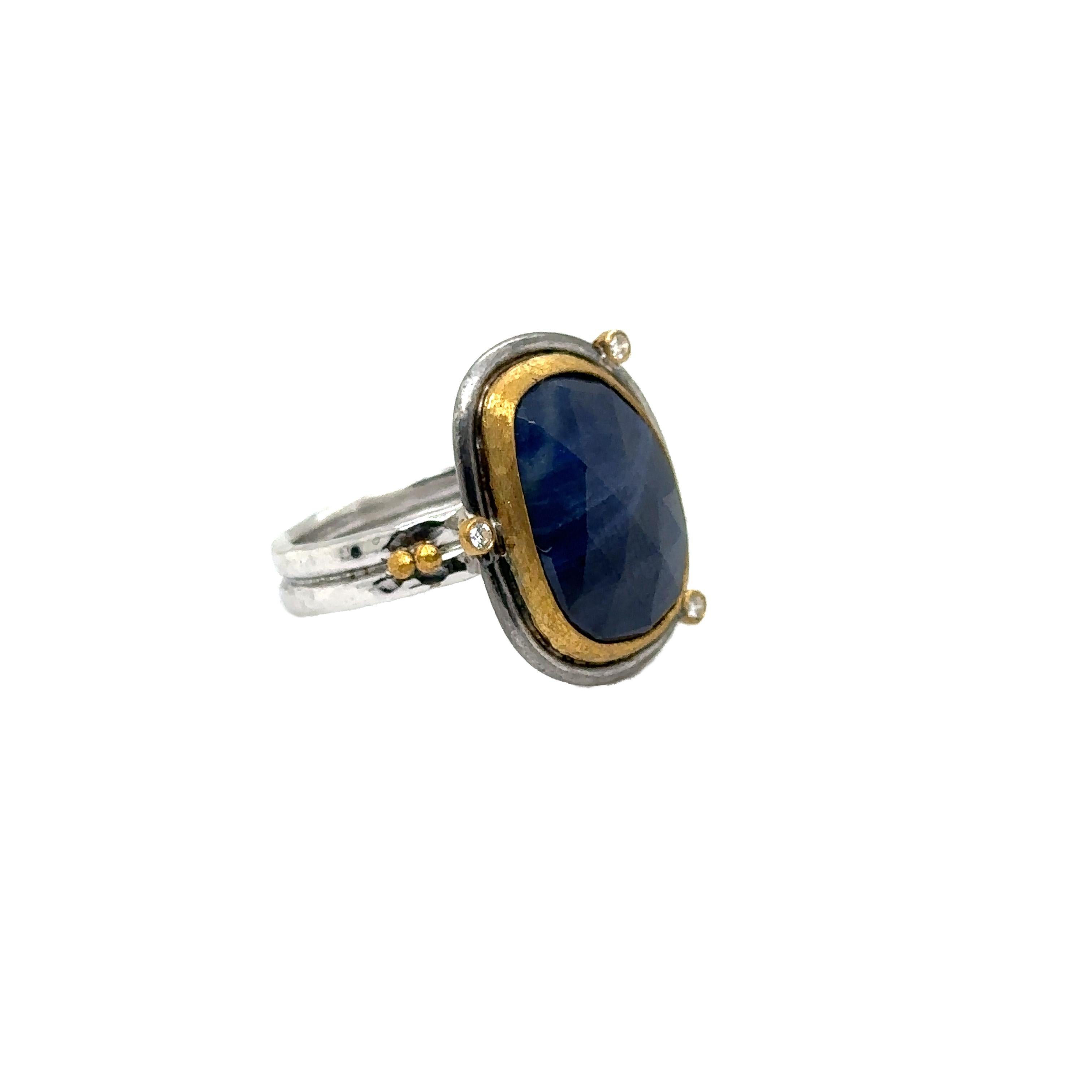 JAS-19-1803-24K/SS HANDMADE NATURAL CHECKERBOARD SLICE BLUE SAPPHIRE RING w DIA In New Condition For Sale In New York, NY
