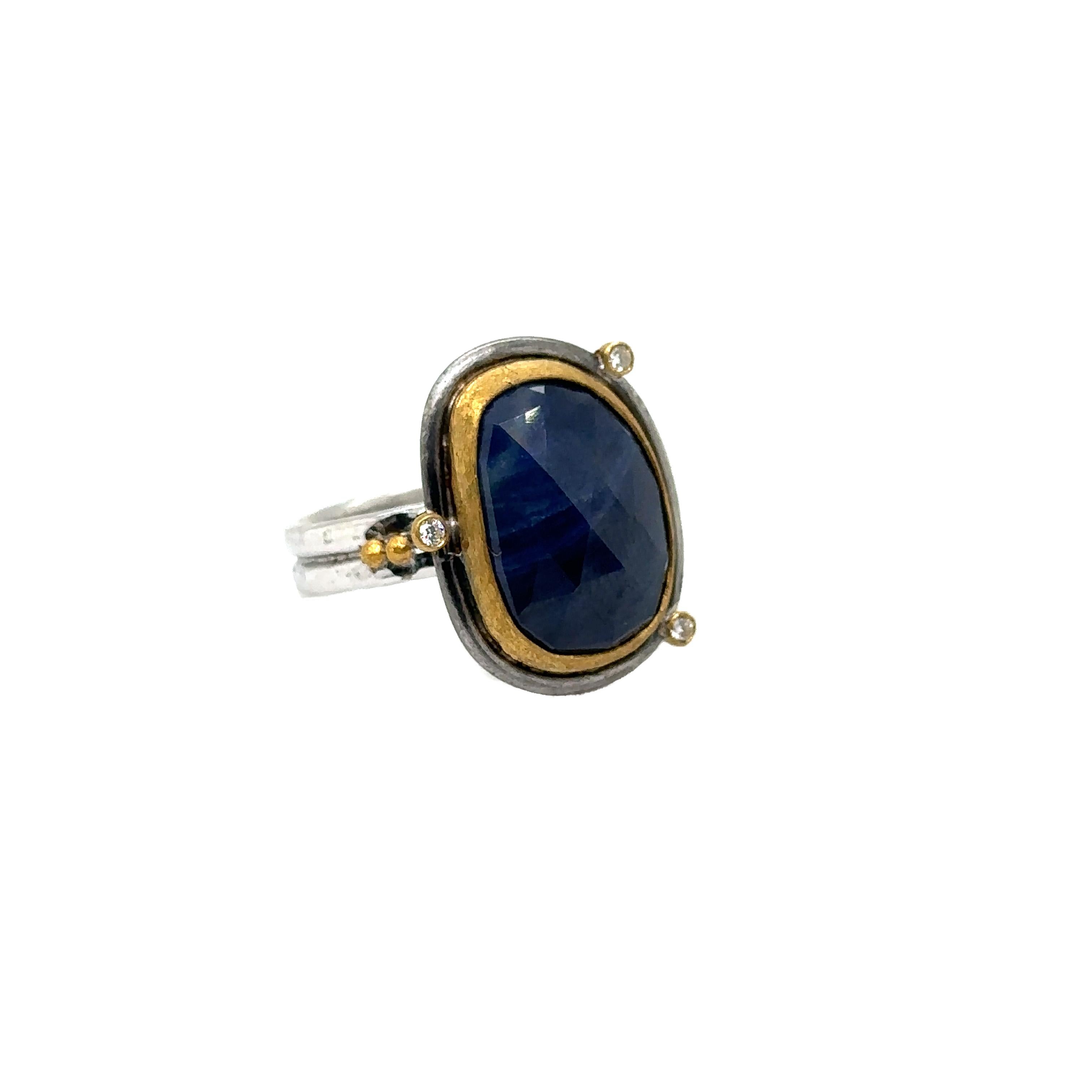 Women's JAS-19-1803-24K/SS HANDMADE NATURAL CHECKERBOARD SLICE BLUE SAPPHIRE RING w DIA For Sale