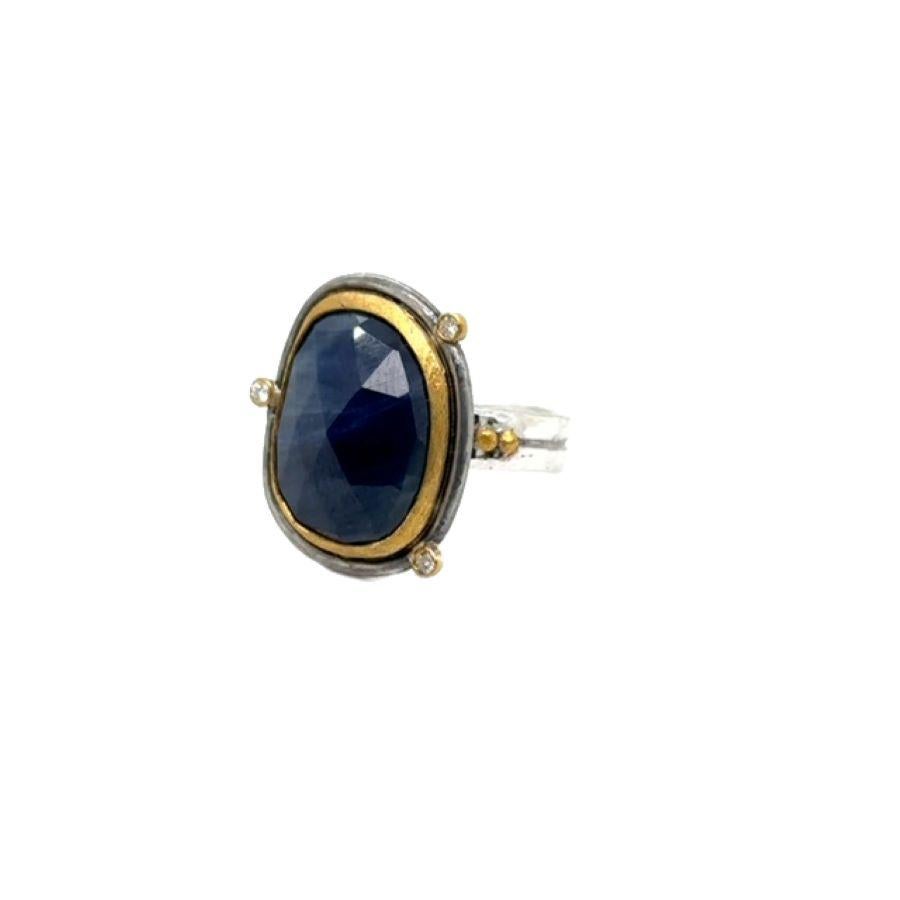 JAS-19-1803-24K/SS HANDMADE NATURAL CHECKERBOARD SLICE BLUE SAPPHIRE RING w DIA For Sale 1