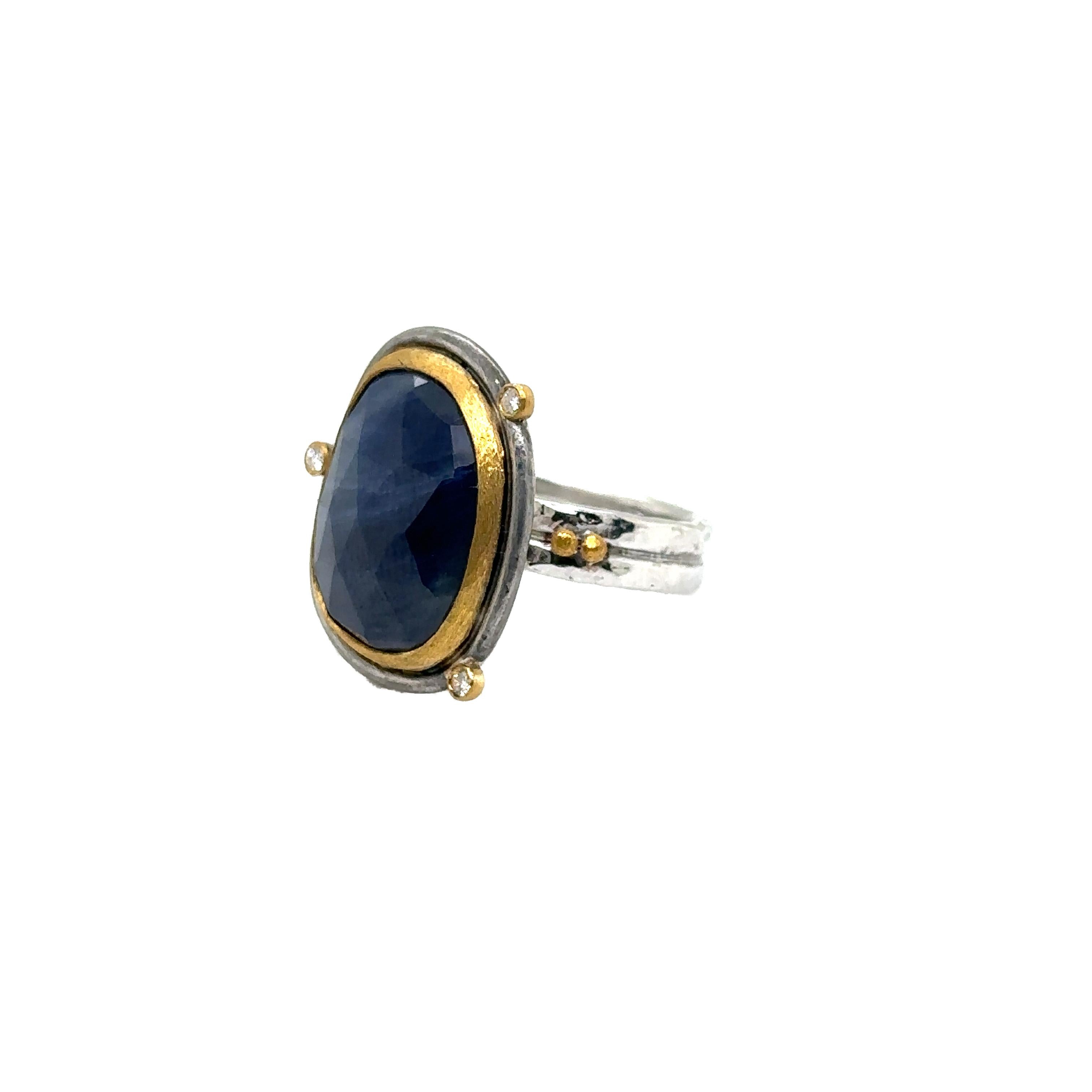 JAS-19-1803-24K/SS HANDMADE NATURAL CHECKERBOARD SLICE BLUE SAPPHIRE RING w DIA For Sale 2