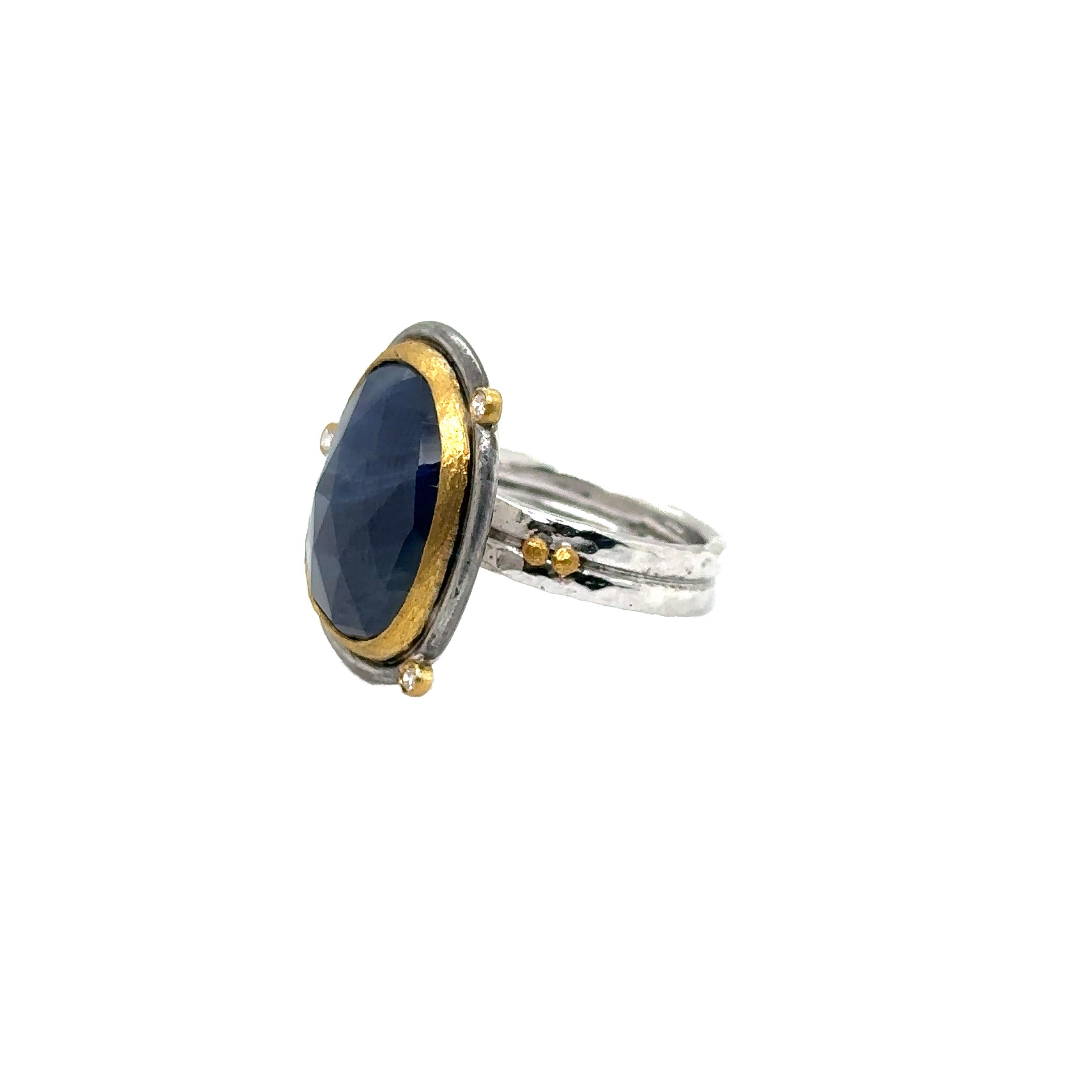 JAS-19-1803-24K/SS HANDMADE NATURAL CHECKERBOARD SLICE BLUE SAPPHIRE RING w DIA For Sale 3
