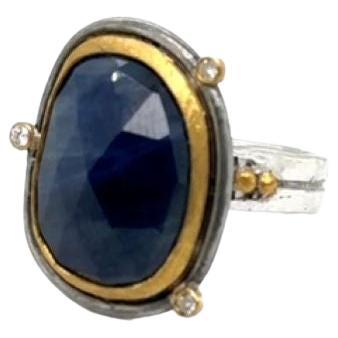 JAS-19-1803-24K/SS HANDMADE NATURAL CHECKERBOARD SLICE BLUE SAPPHIRE RING w DIA For Sale