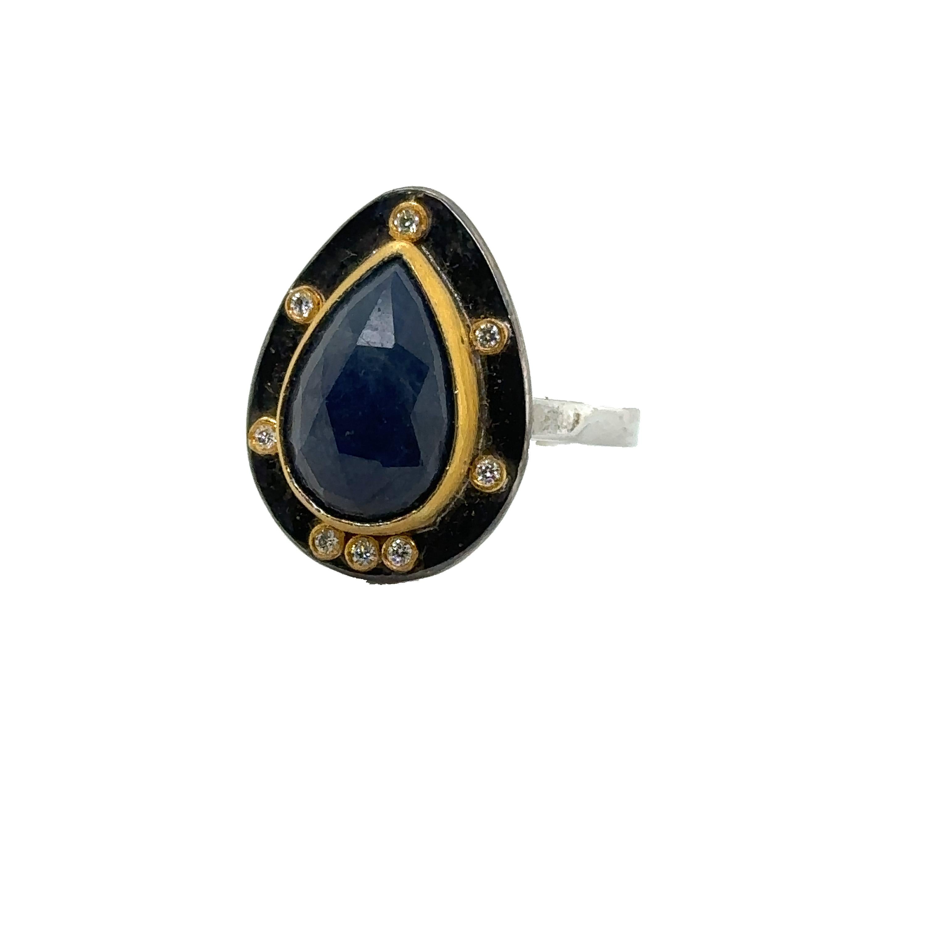 Modern JAS-19-1804 - 24K GOLD/STERLING SILVER RING with 6.00 CT PEAR SHAPE SAPPHIRE For Sale