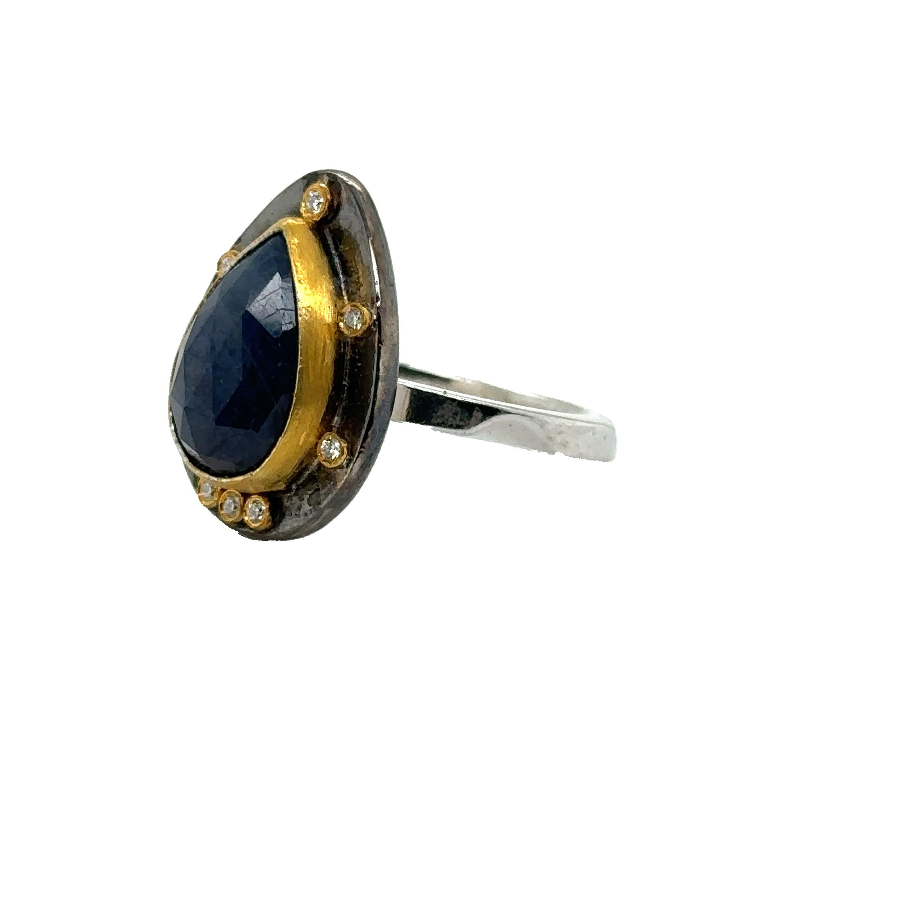 Pear Cut JAS-19-1804 - 24K GOLD/STERLING SILVER RING with 6.00 CT PEAR SHAPE SAPPHIRE For Sale