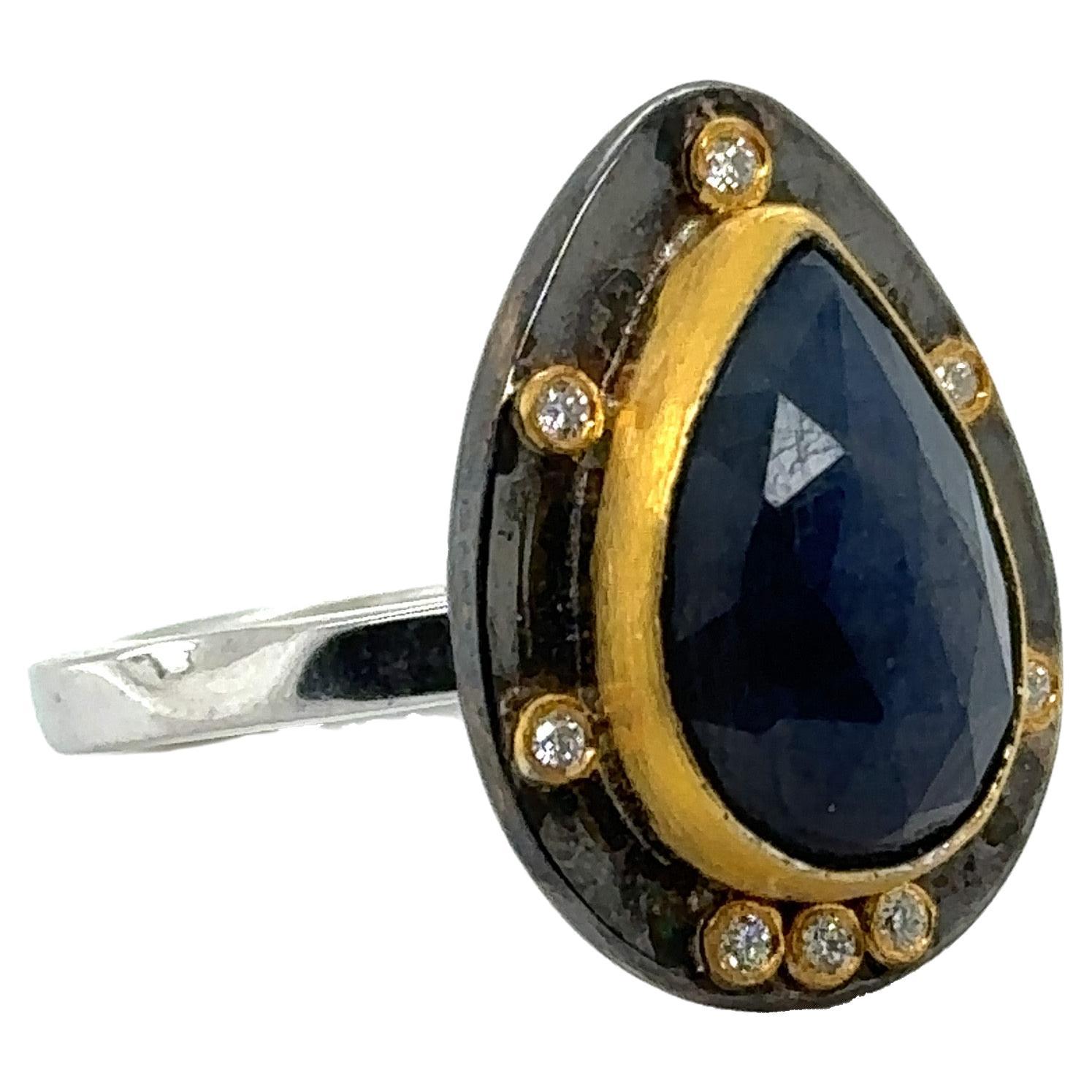 JAS-19-1804 - 24K GOLD/STERLING SILVER RING with 6.00 CT PEAR SHAPE SAPPHIRE For Sale