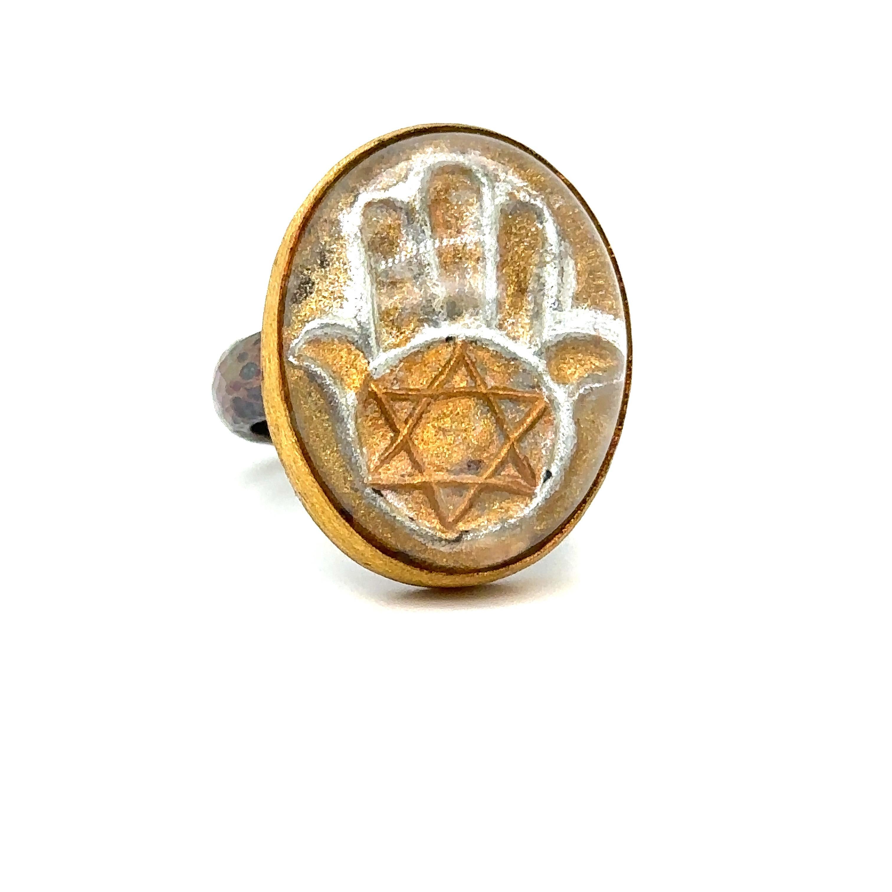 Modern JAS-19-1818 - 24K GOLD/STERLING SILVER HAMSA RING with 30.00CT CARVED QUARTZ  For Sale