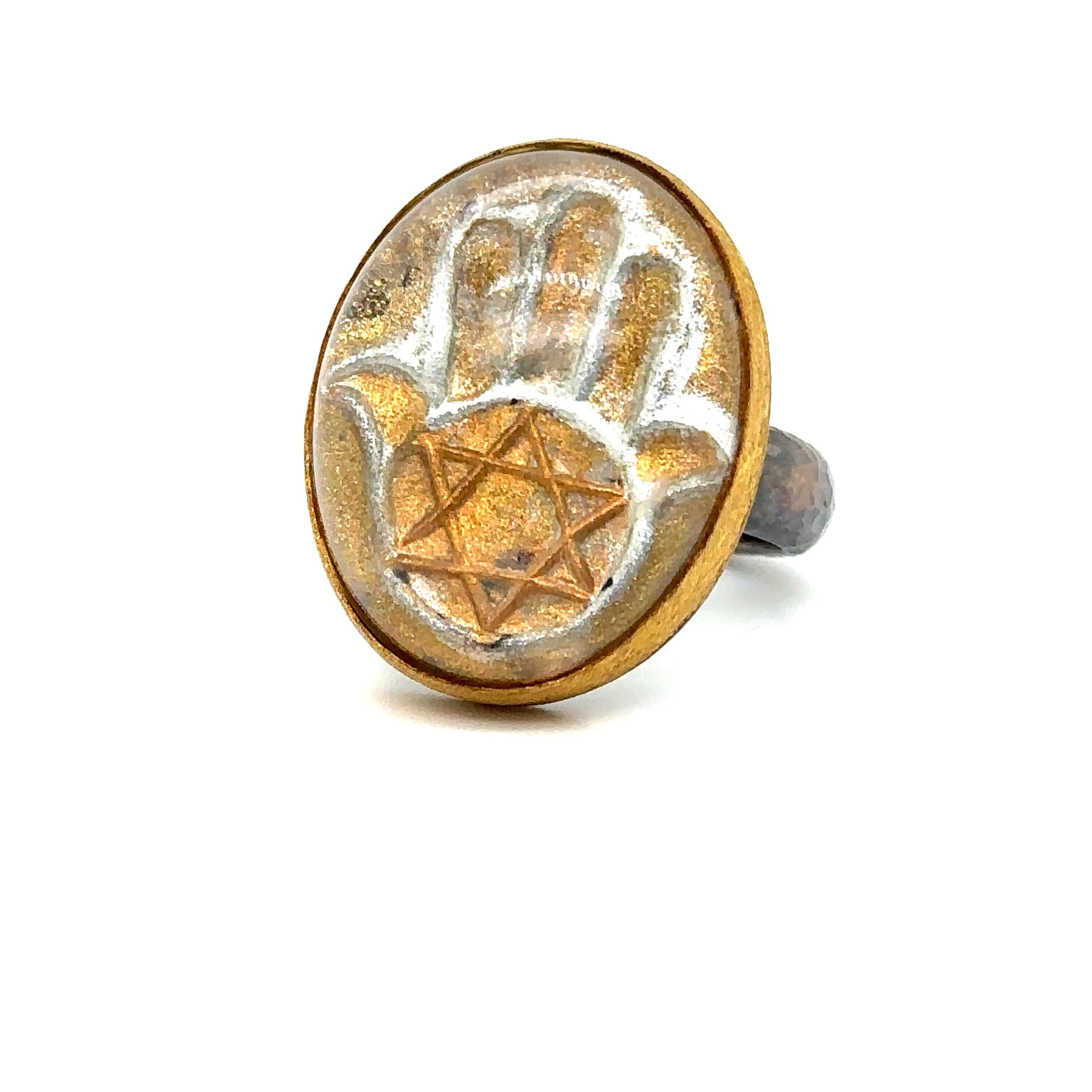 Mixed Cut JAS-19-1818 - 24K GOLD/STERLING SILVER HAMSA RING with 30.00CT CARVED QUARTZ  For Sale