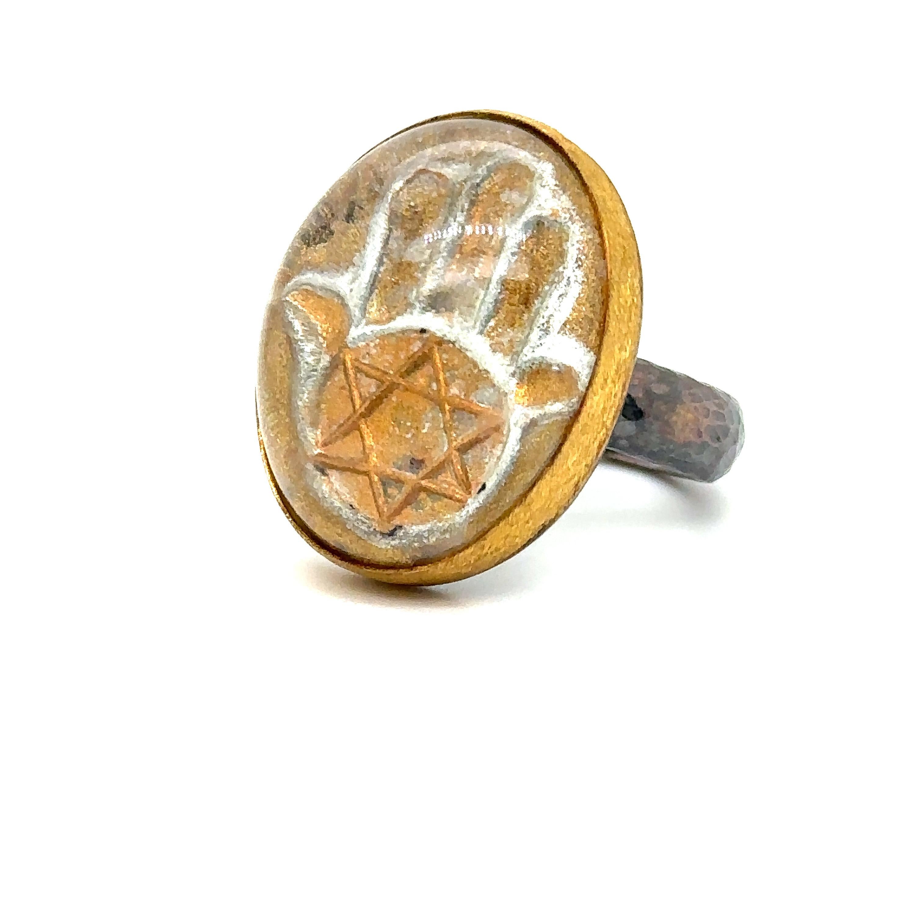 JAS-19-1818 - 24K GOLD/STERLING SILVER HAMSA RING with 30.00CT CARVED QUARTZ  In New Condition For Sale In New York, NY