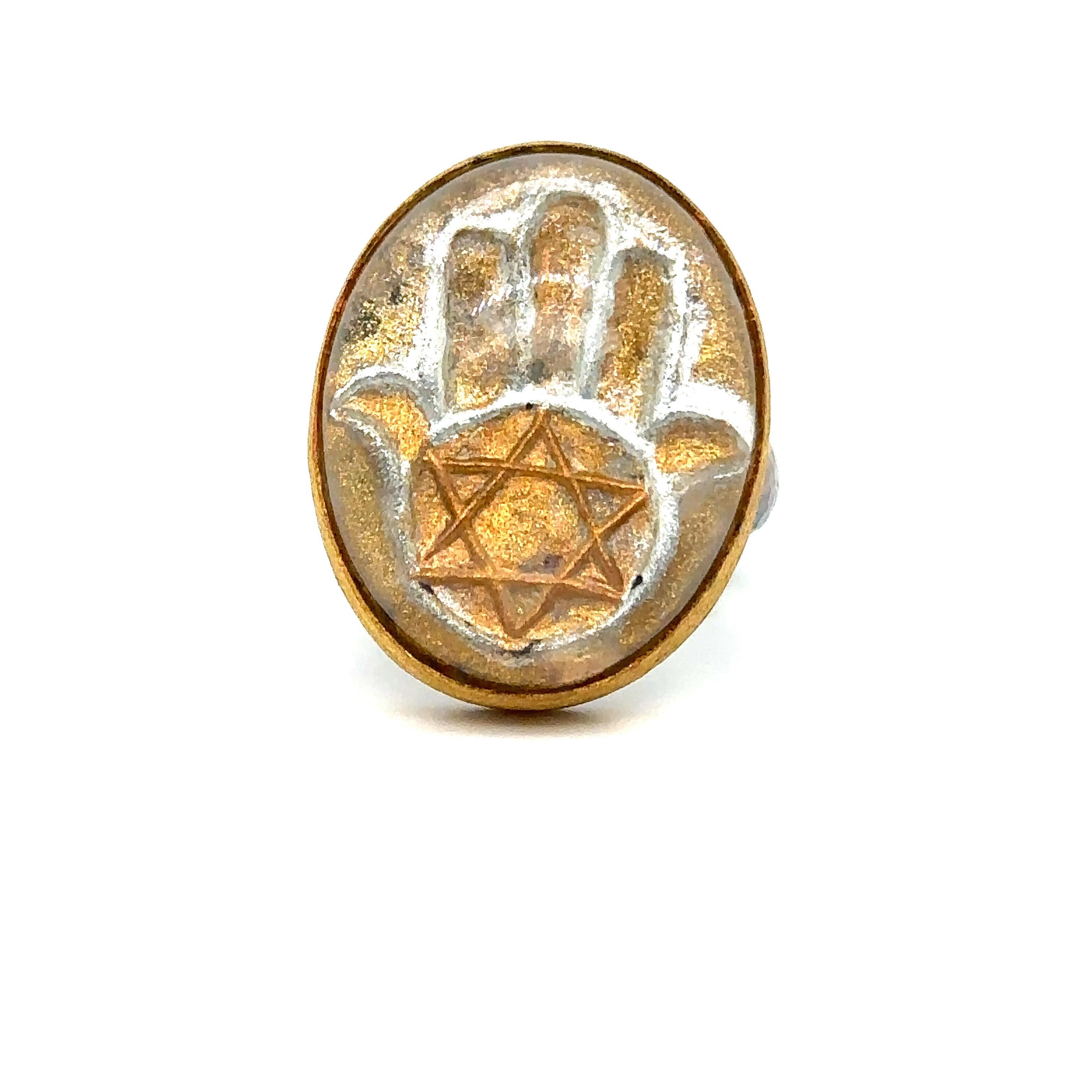 JAS-19-1818 - 24K GOLD/STERLING SILVER HAMSA RING with 30.00CT CARVED QUARTZ  For Sale 1