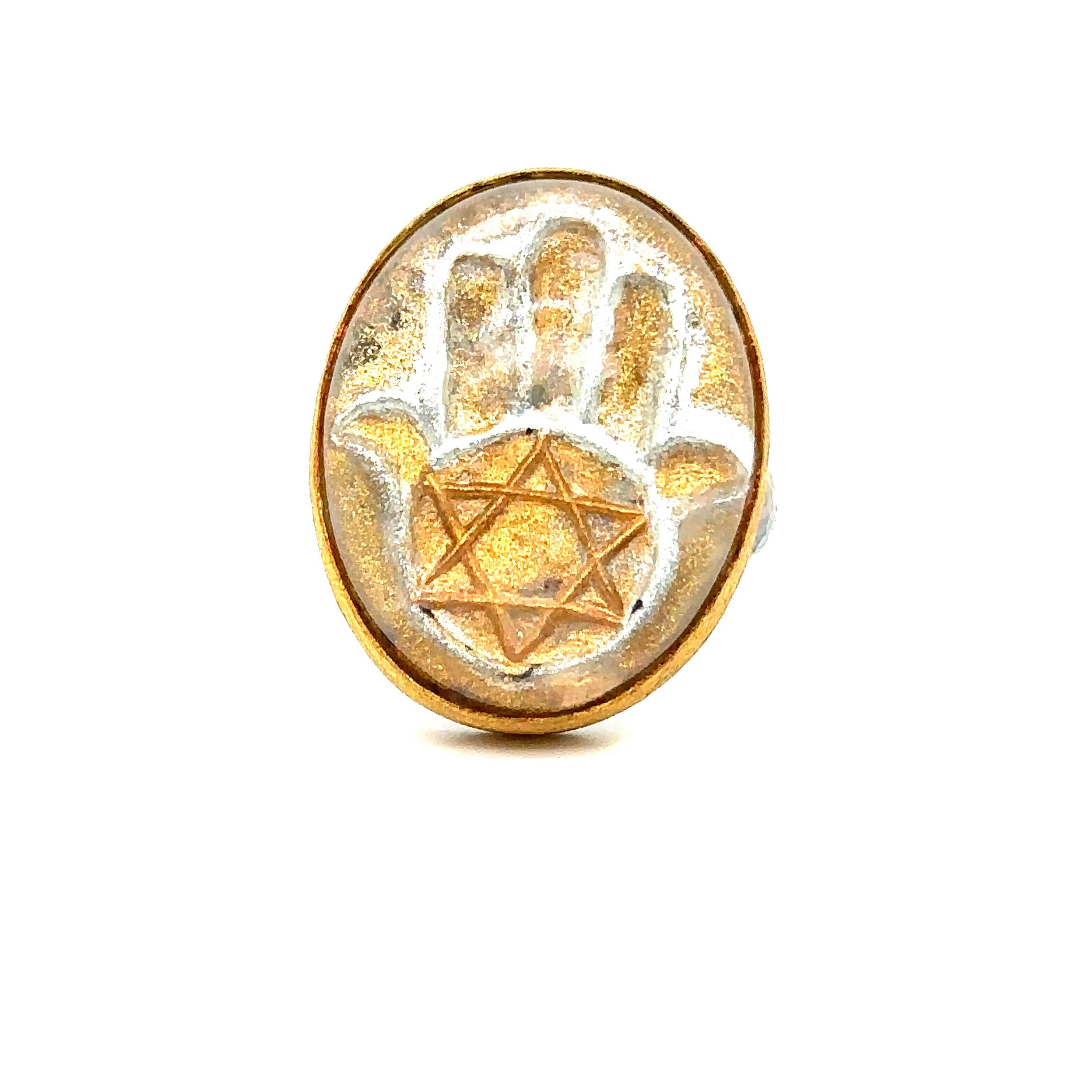 JAS-19-1818 - 24K GOLD/STERLING SILVER HAMSA RING with 30.00CT CARVED QUARTZ  For Sale 2