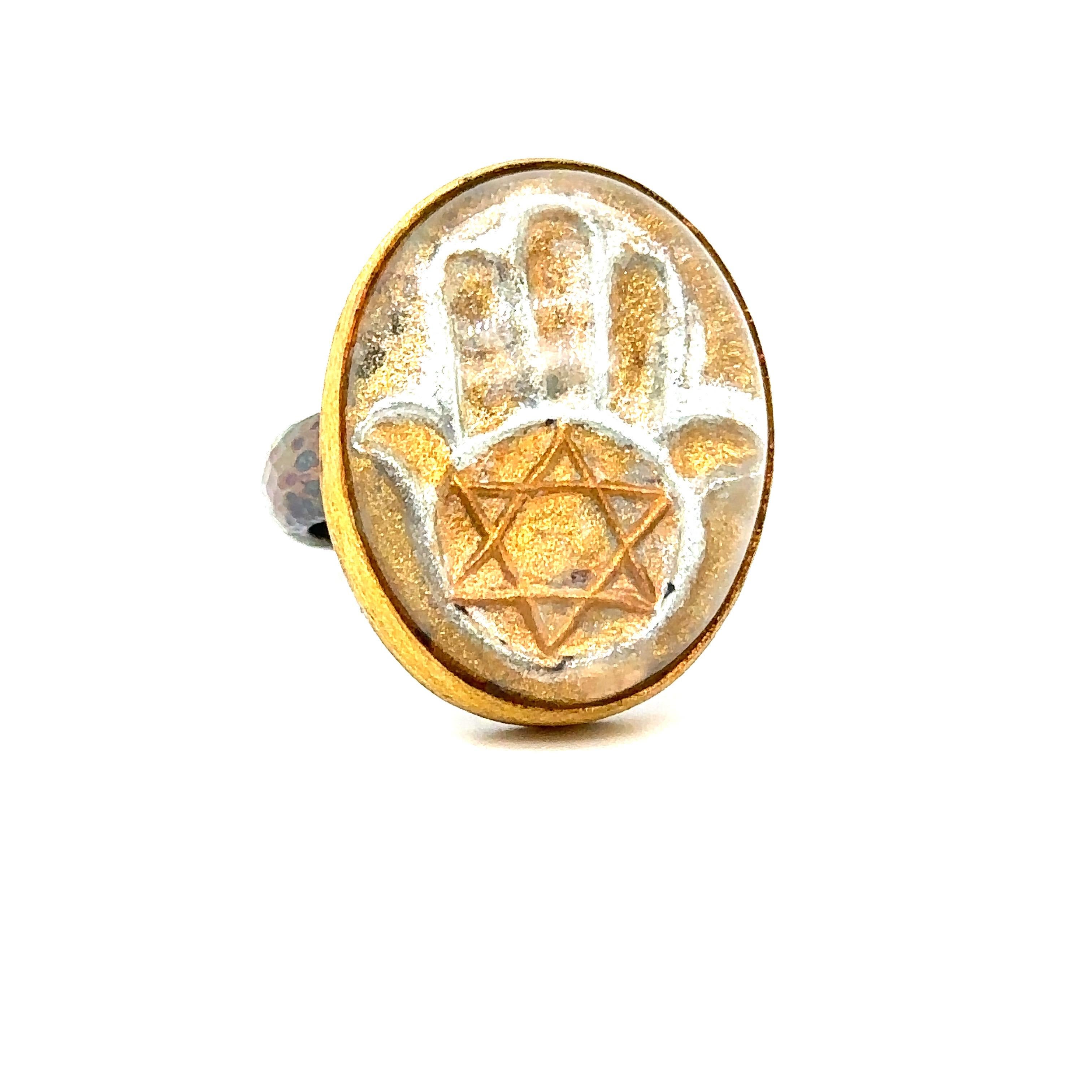 JAS-19-1818 - 24K GOLD/STERLING SILVER HAMSA RING with 30.00CT CARVED QUARTZ  For Sale 3