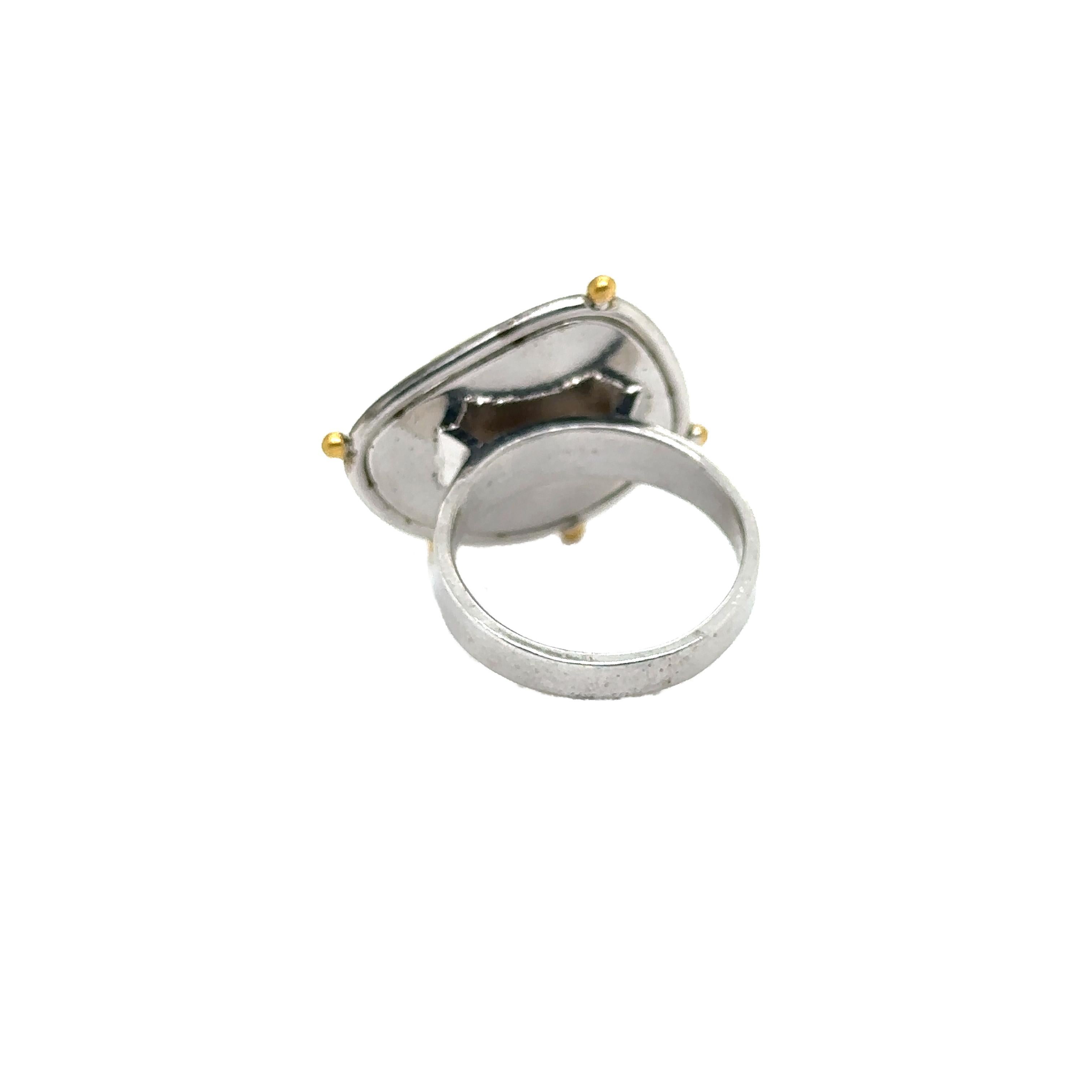 Modern JAS-19-1835 - 24K/SS HANDMADE RING w CHROME DIOPSIDES & NATURAL YELLOW SAPPHIRE For Sale