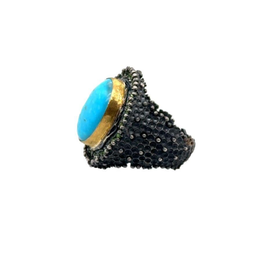 JAS-19-1836 - 24K/SS HANDMADE RING w CHROME DIOPSIDES&NATURAL KINGMAN TURQUOISE For Sale 4