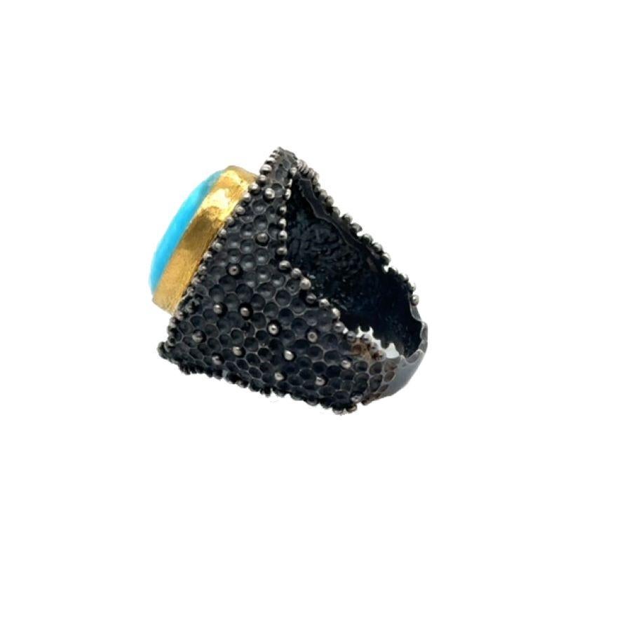 JAS-19-1836 - 24K/SS HANDMADE RING w CHROME DIOPSIDES&NATURAL KINGMAN TURQUOISE For Sale 6