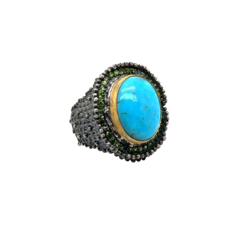 JAS-19-1836 - 24K/SS HANDMADE RING w CHROME DIOPSIDES&NATURAL KINGMAN TURQUOISE For Sale 8