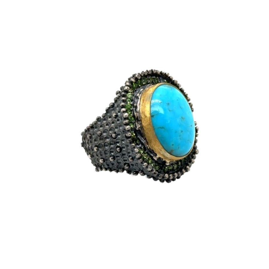 JAS-19-1836 - 24K/SS HANDMADE RING w CHROME DIOPSIDES&NATURAL KINGMAN TURQUOISE For Sale 9