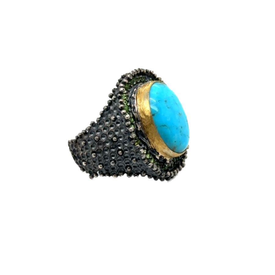 JAS-19-1836 - 24K/SS HANDMADE RING w CHROME DIOPSIDES&NATURAL KINGMAN TURQUOISE For Sale 10