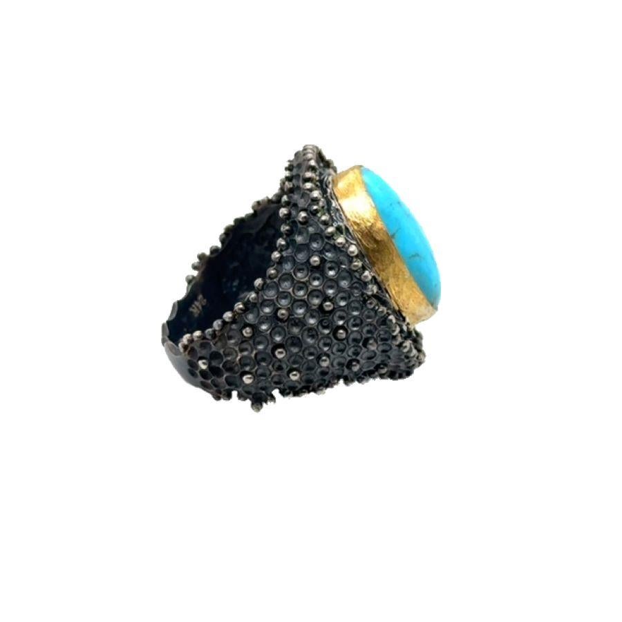 24K/SS HANDMADE RING with DIAMOND CUT CHROME DIOPSIDES & NATURAL KINGMAN TURQUOISE 
Metal: 24K gold/SS
Stones Info: DIAMOND CUT CHROME DIOPSIDES 0.60 CT
                    18X13MM NATURAL KINGMAN TURQUOISE 8.50CT, MINED IN ARIZONA 
Total Stones