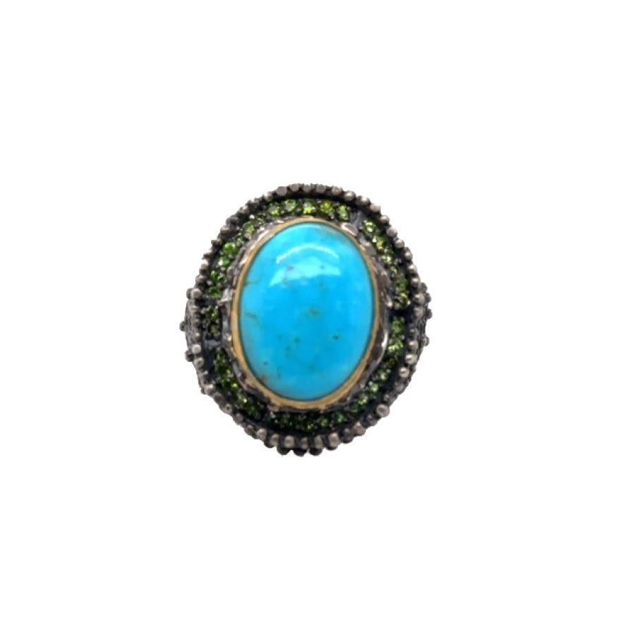 JAS-19-1836 - 24K/SS HANDMADE RING w CHROME DIOPSIDES&NATURAL KINGMAN TURQUOISE In New Condition For Sale In New York, NY