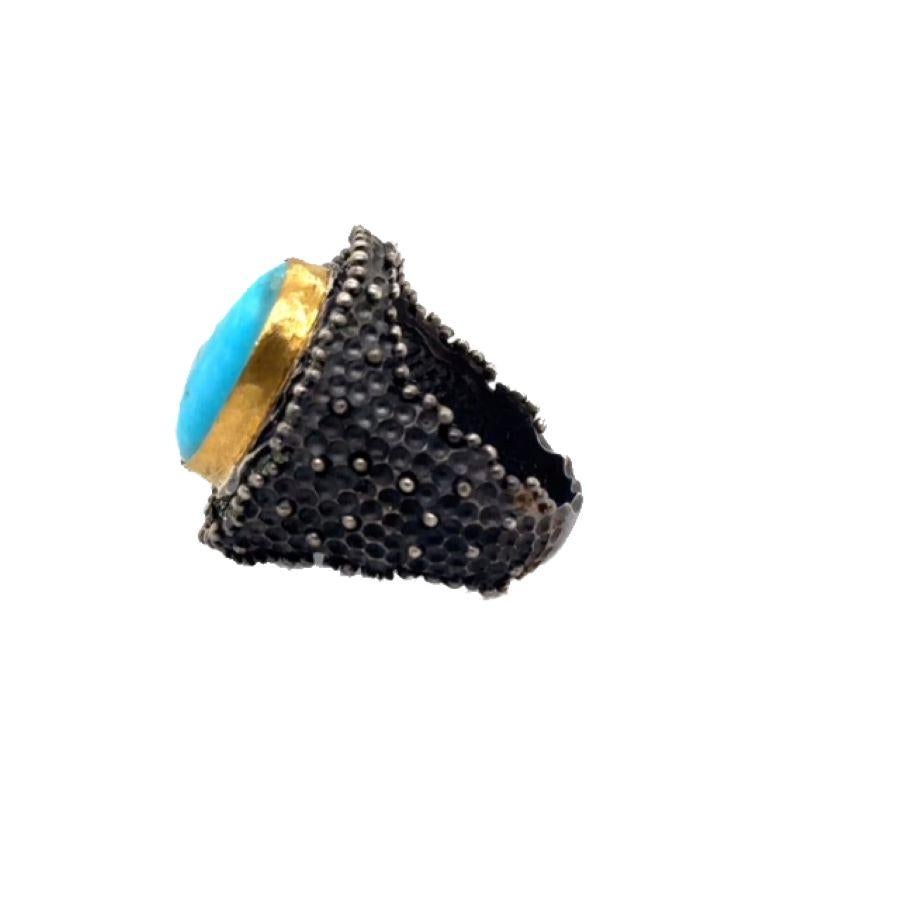 Women's JAS-19-1836 - 24K/SS HANDMADE RING w CHROME DIOPSIDES&NATURAL KINGMAN TURQUOISE For Sale