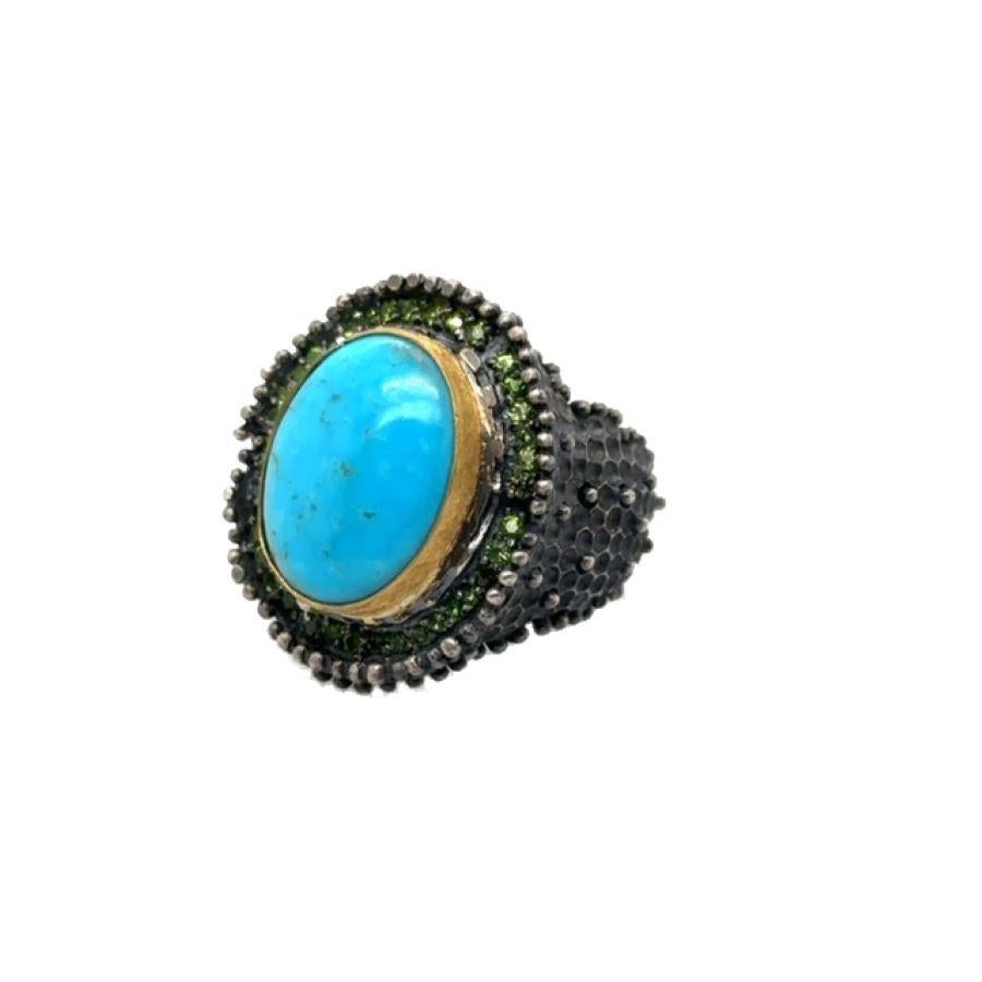 JAS-19-1836 - 24K/SS HANDMADE RING w CHROME DIOPSIDES&NATURAL KINGMAN TURQUOISE For Sale 1