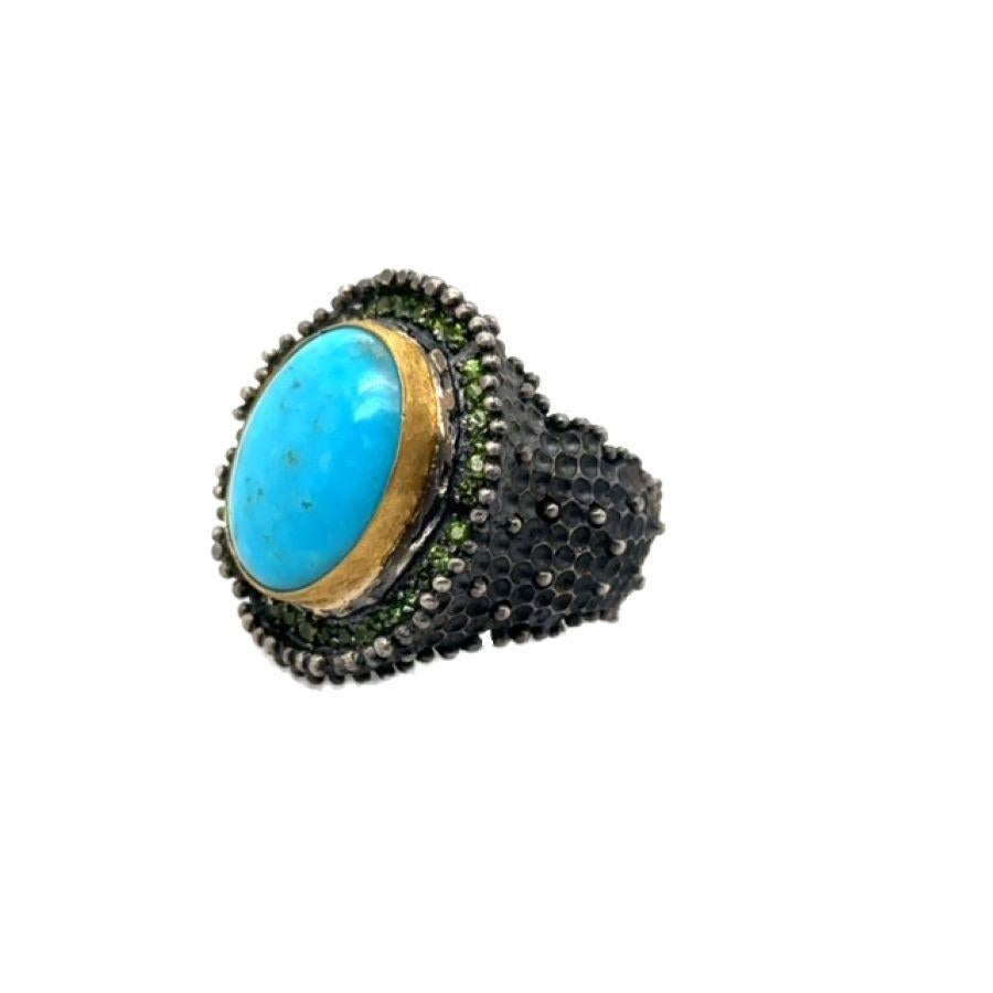 JAS-19-1836 - 24K/SS HANDMADE RING w CHROME DIOPSIDES&NATURAL KINGMAN TURQUOISE For Sale 2