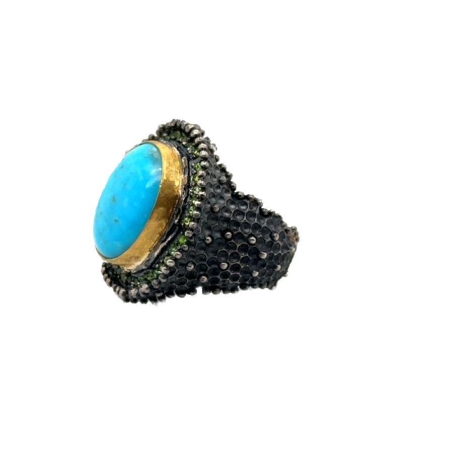JAS-19-1836 - 24K/SS HANDMADE RING w CHROME DIOPSIDES&NATURAL KINGMAN TURQUOISE For Sale 3
