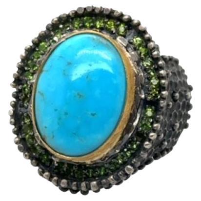 JAS-19-1836 - 24K/SS HANDMADE RING w CHROME DIOPSIDES&NATURAL KINGMAN TURQUOISE For Sale