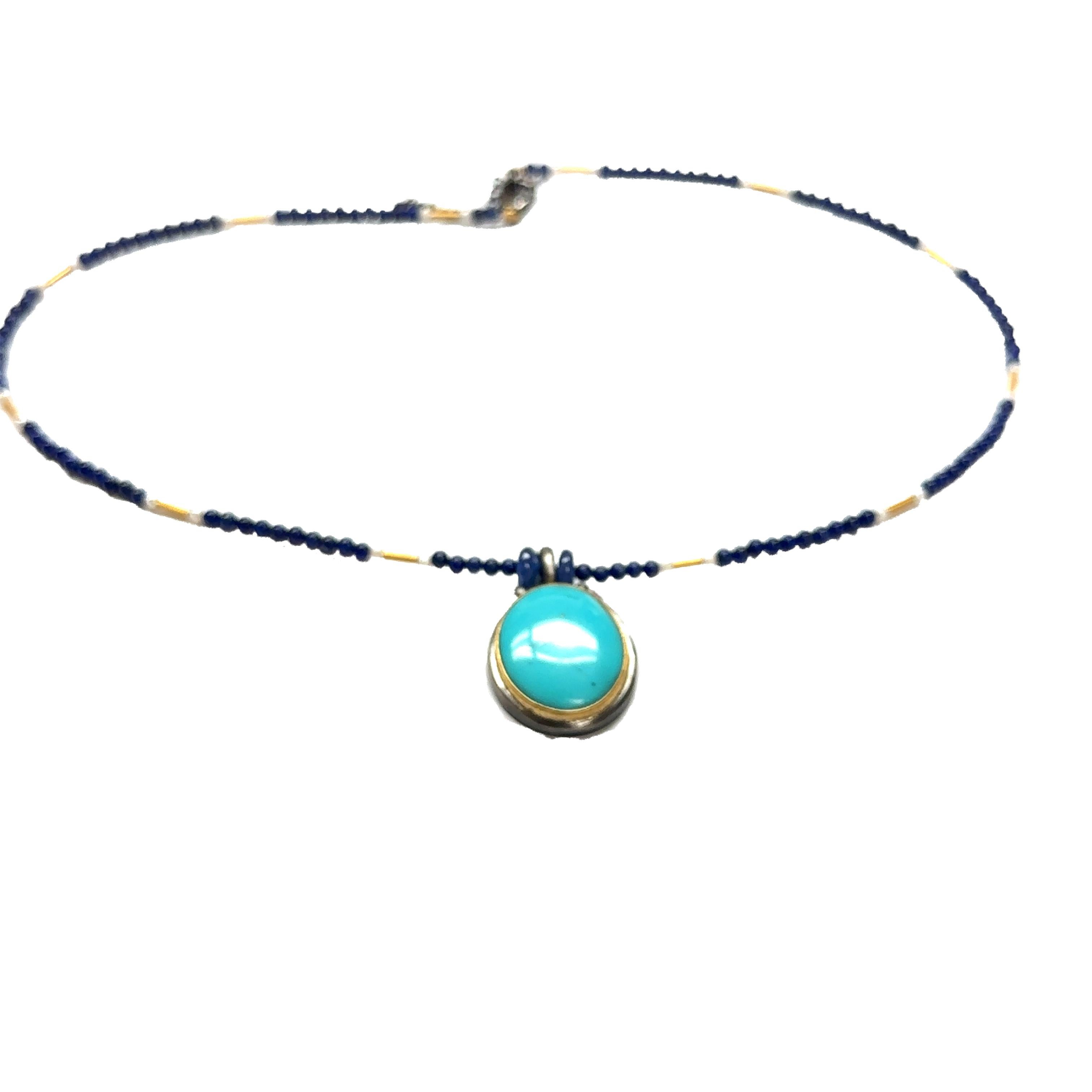 Modern JAS-19-1843 - 24K/SS HANDMADE 18” NECKLACE w 20X17MM NATURAL KINGMAN TURQUOISE For Sale