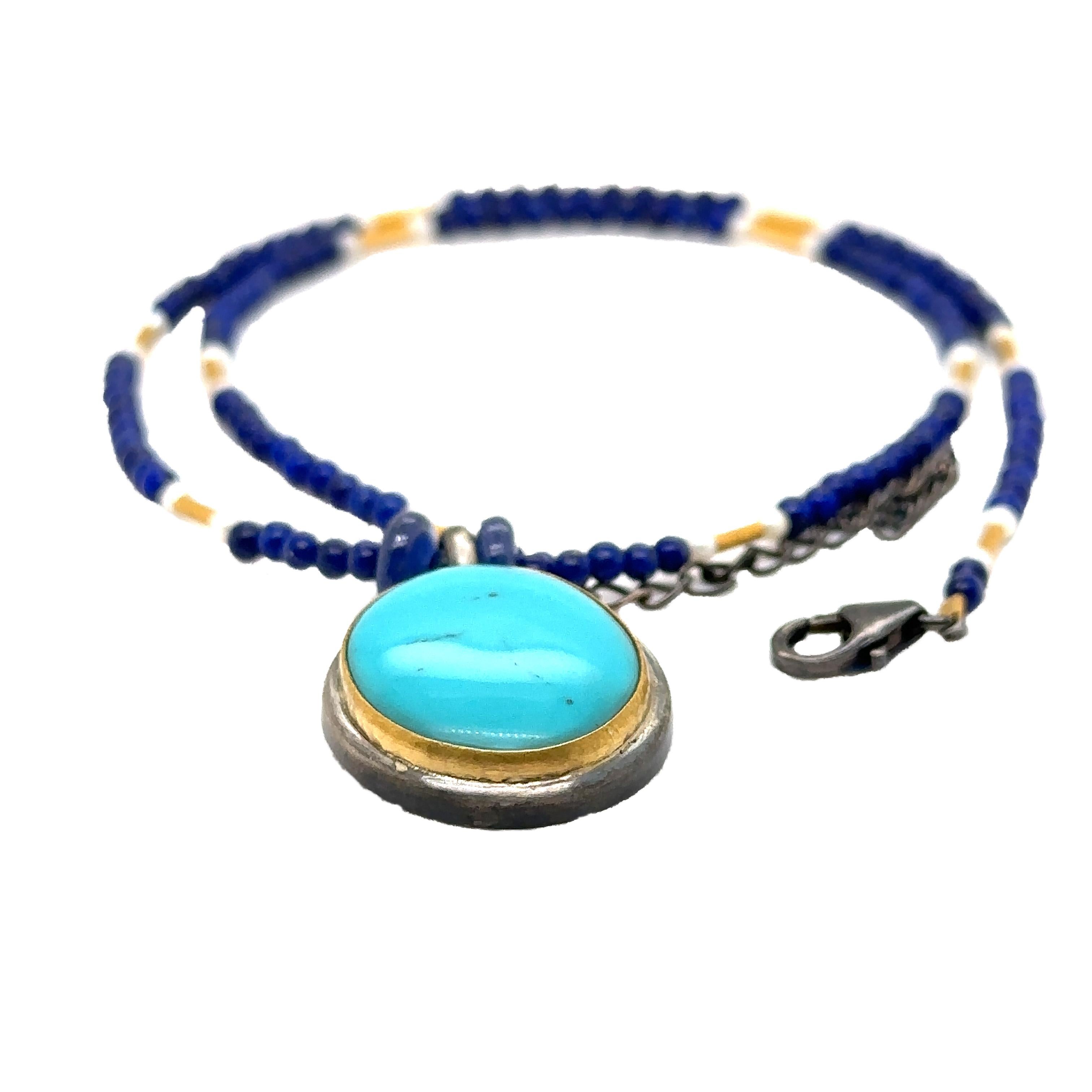 Cabochon JAS-19-1843 - 24K/SS HANDMADE 18” NECKLACE w 20X17MM NATURAL KINGMAN TURQUOISE For Sale