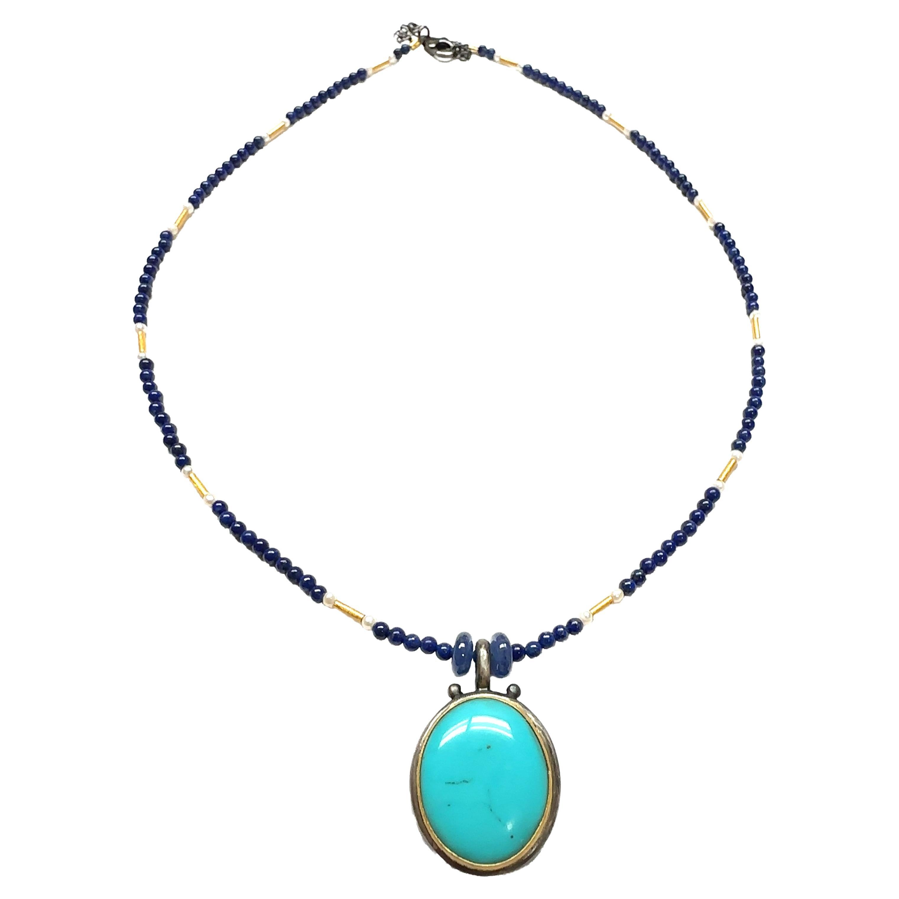 JAS-19-1843 - 24K/SS HANDMADE 18” NECKLACE w 20X17MM NATURAL KINGMAN TURQUOISE For Sale