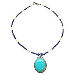 JAS-19-1843 - 24K/SS HANDMADE 18” NECKLACE w 20X17MM NATURAL KINGMAN TURQUOISE