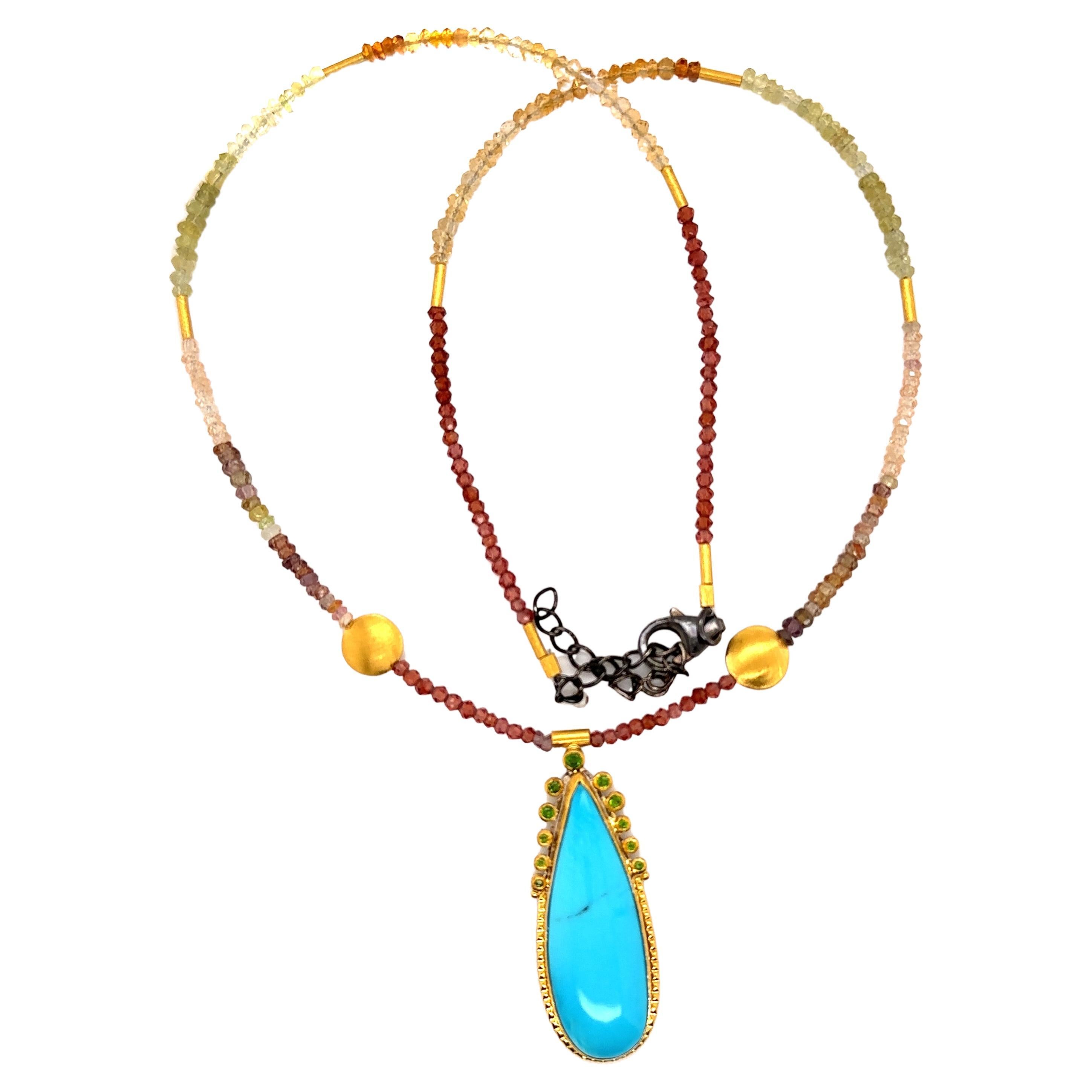 24K GOLD/STERLING SILVER with KINGMAN TURQUOISE, CHROME DIOPSIDES AND MULTI COLOR FACETED GARNET BEADS
Metal: 24K GOLD/SS
Stones Info: KINGMAN TURQUOISE 30X10MM
                    CHROME DIOPSIDES AND MULTI COLOR FACETED GARNET BEADS
Total Ct